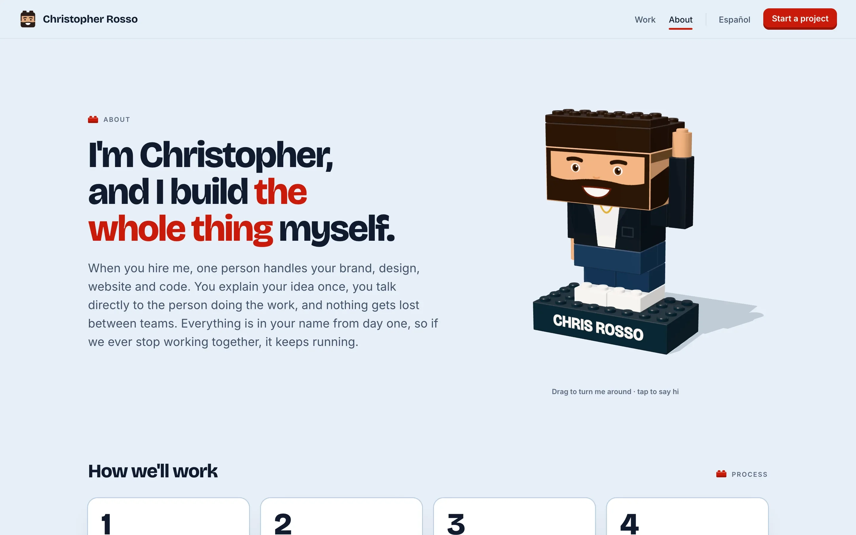The About page: the headline beside the brick figure of me on my stand