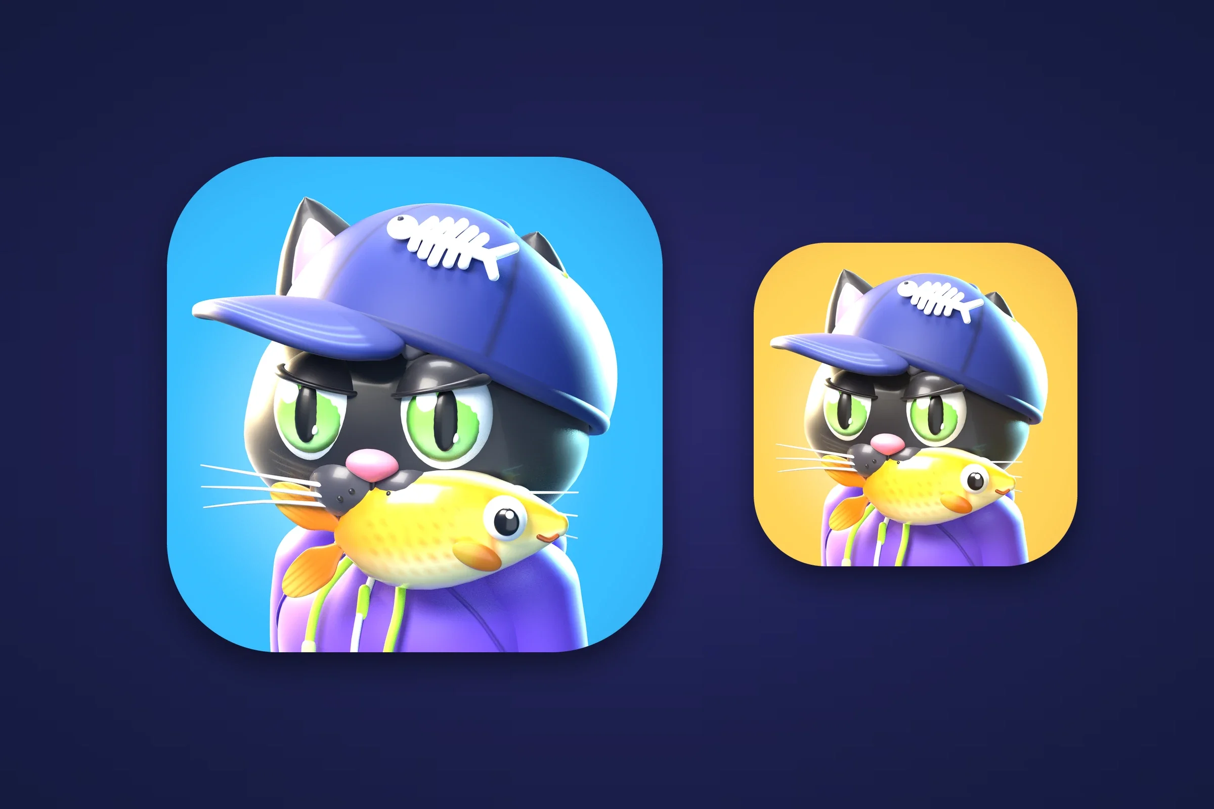 The Purrsuit app icon, Jinx in a fish-bone cap with a goldfish in his mouth on blue, beside a gold version
