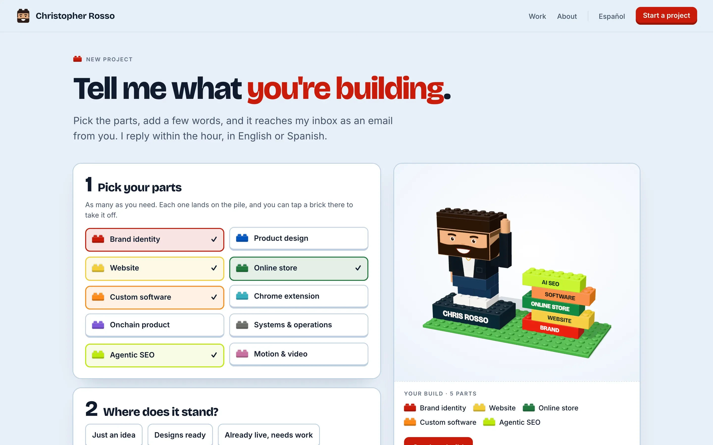 The brief builder: parts picked on the left, and a pile of printed bricks beside the brick figure of me on the right