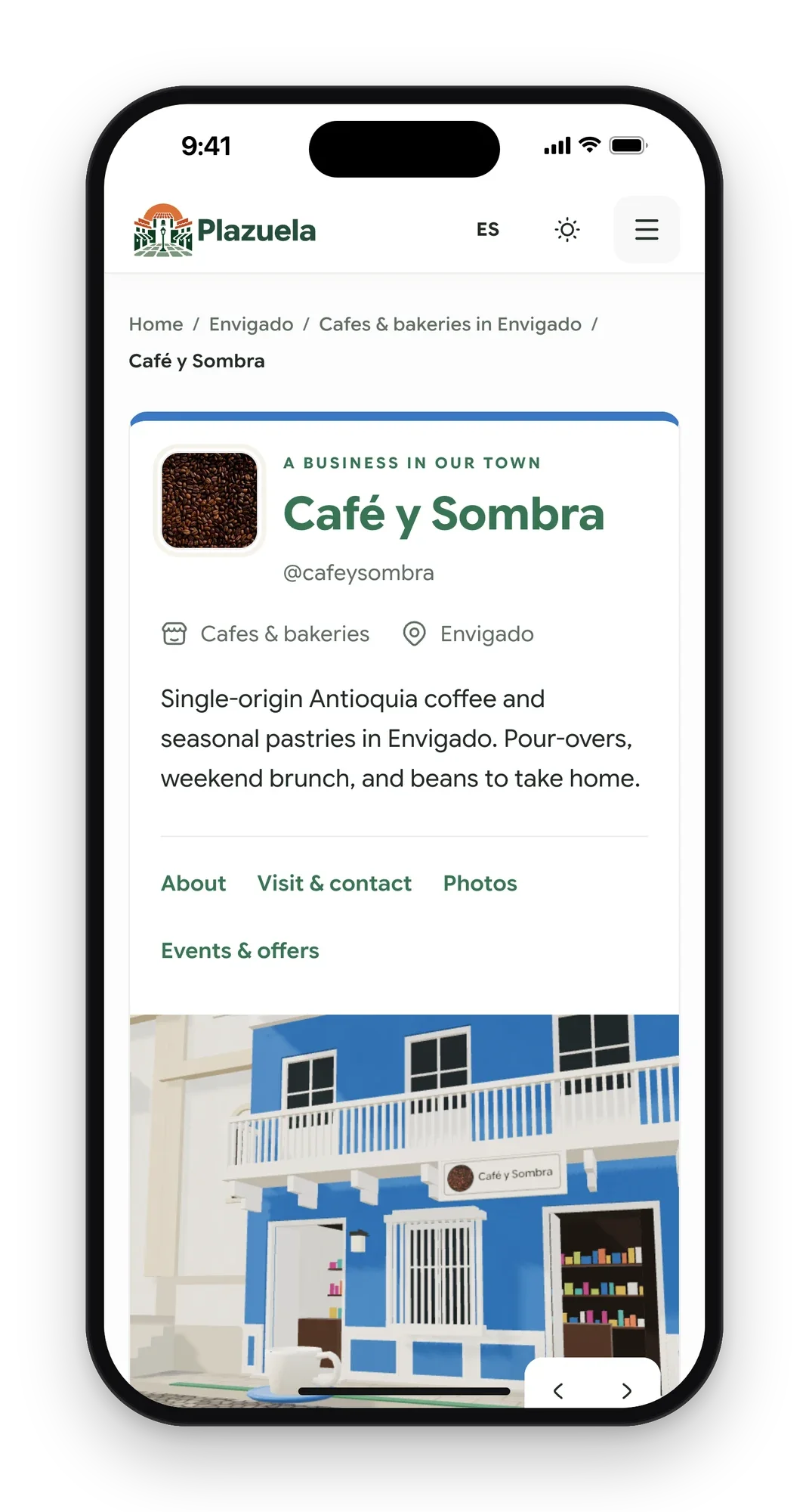 A café's Plazuela page on a phone with its description and a 3D view of its storefront