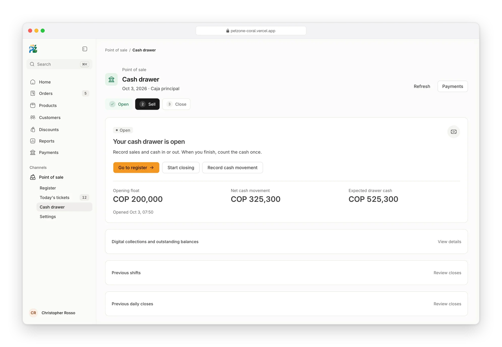 Petzone cash drawer, open, in three steps (open, sell, close), with the opening float, the net cash movement and the cash expected in the drawer