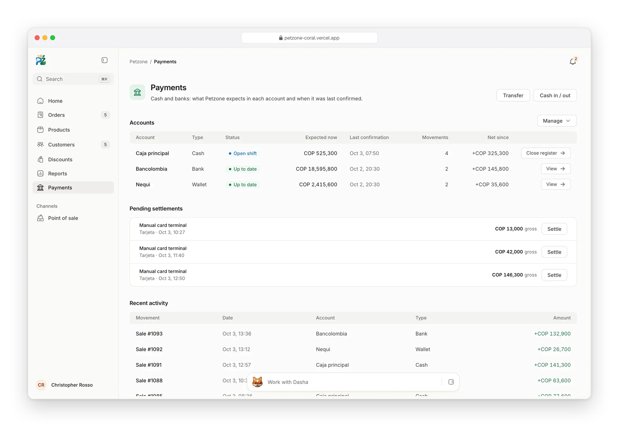 Petzone payments: the cash drawer, a bank and a wallet with what each should hold and when it was last confirmed, card payments waiting to settle, and recent activity
