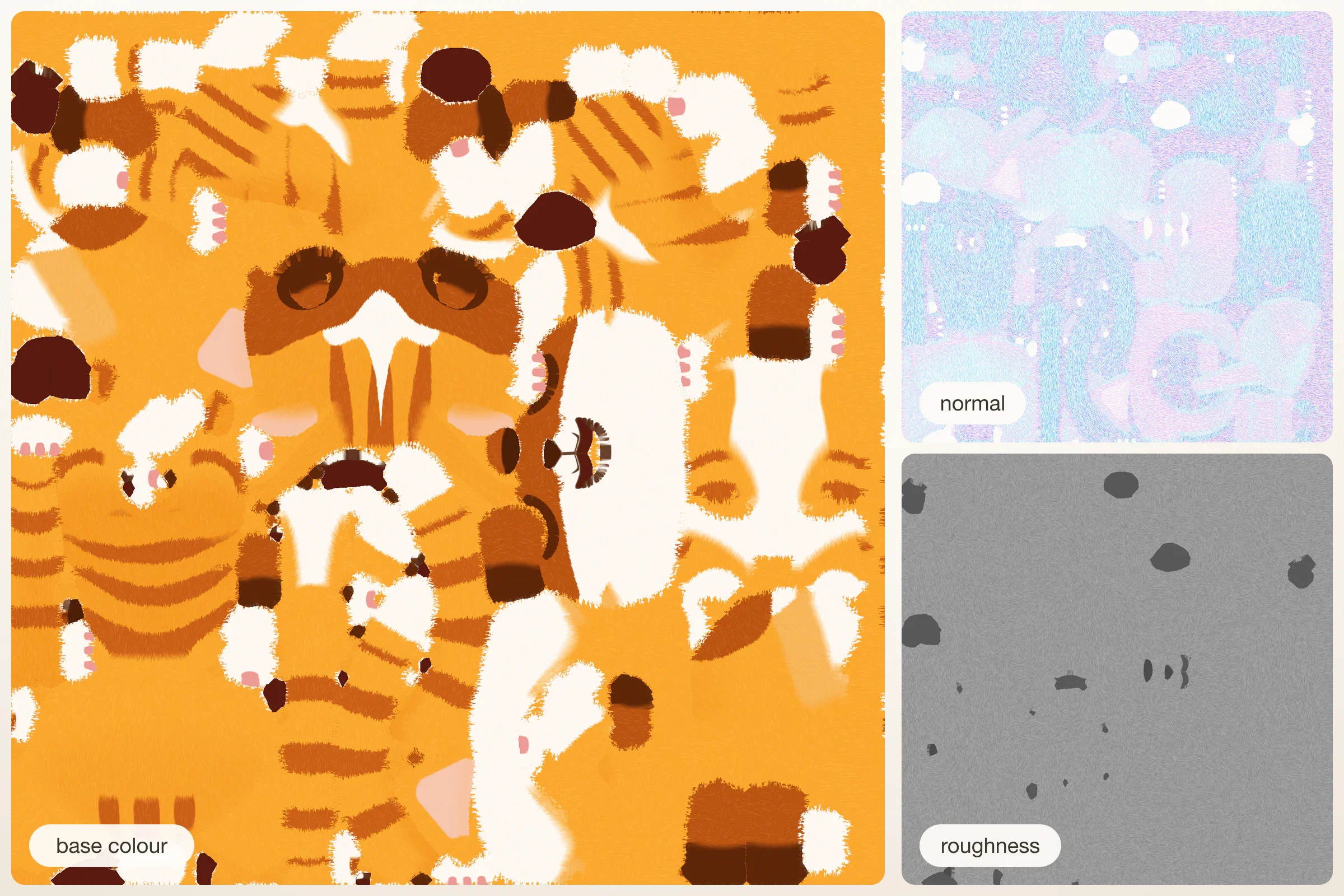 Dasha's coat laid flat: its base colour map large, with orange fur, white patches and stripes, beside its normal and roughness maps