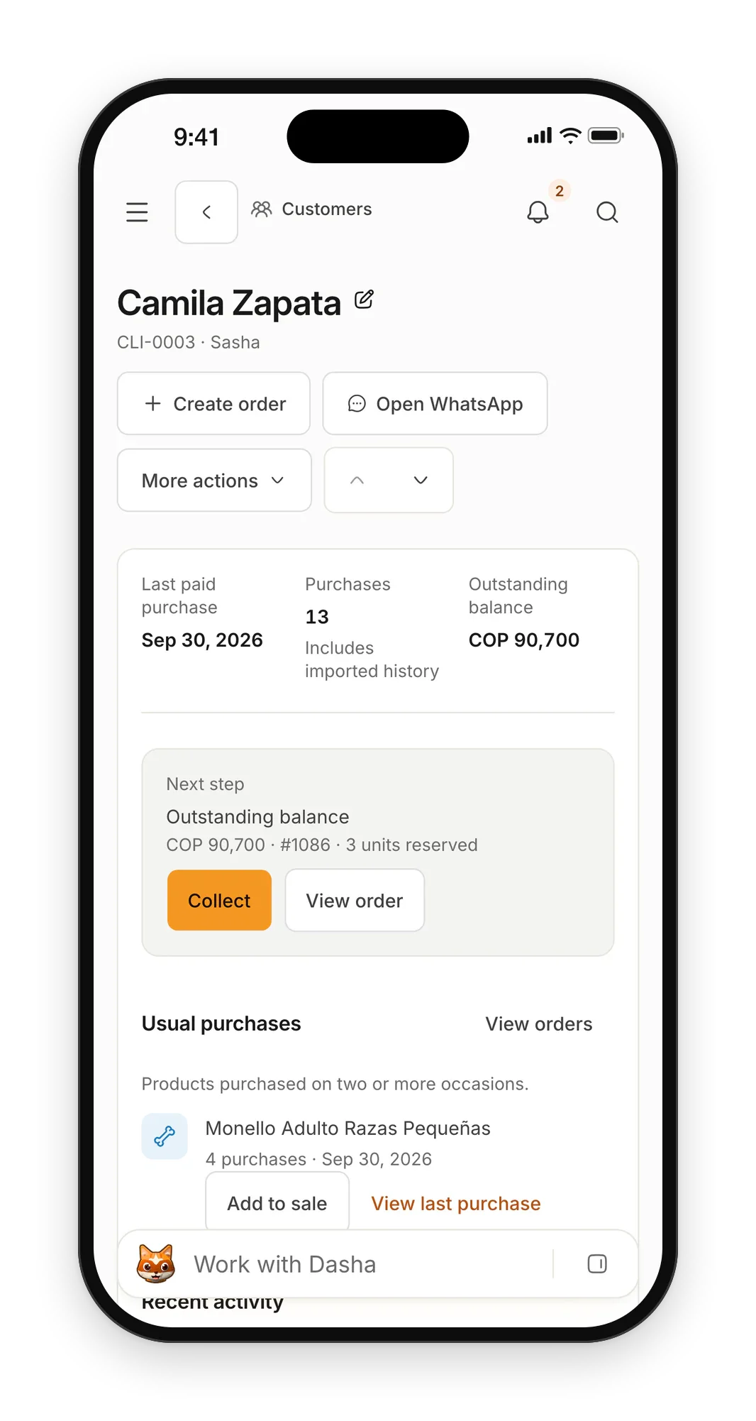 Petzone customer record on a phone: last paid purchase, purchases and balance, a next step to collect, and their usual purchases