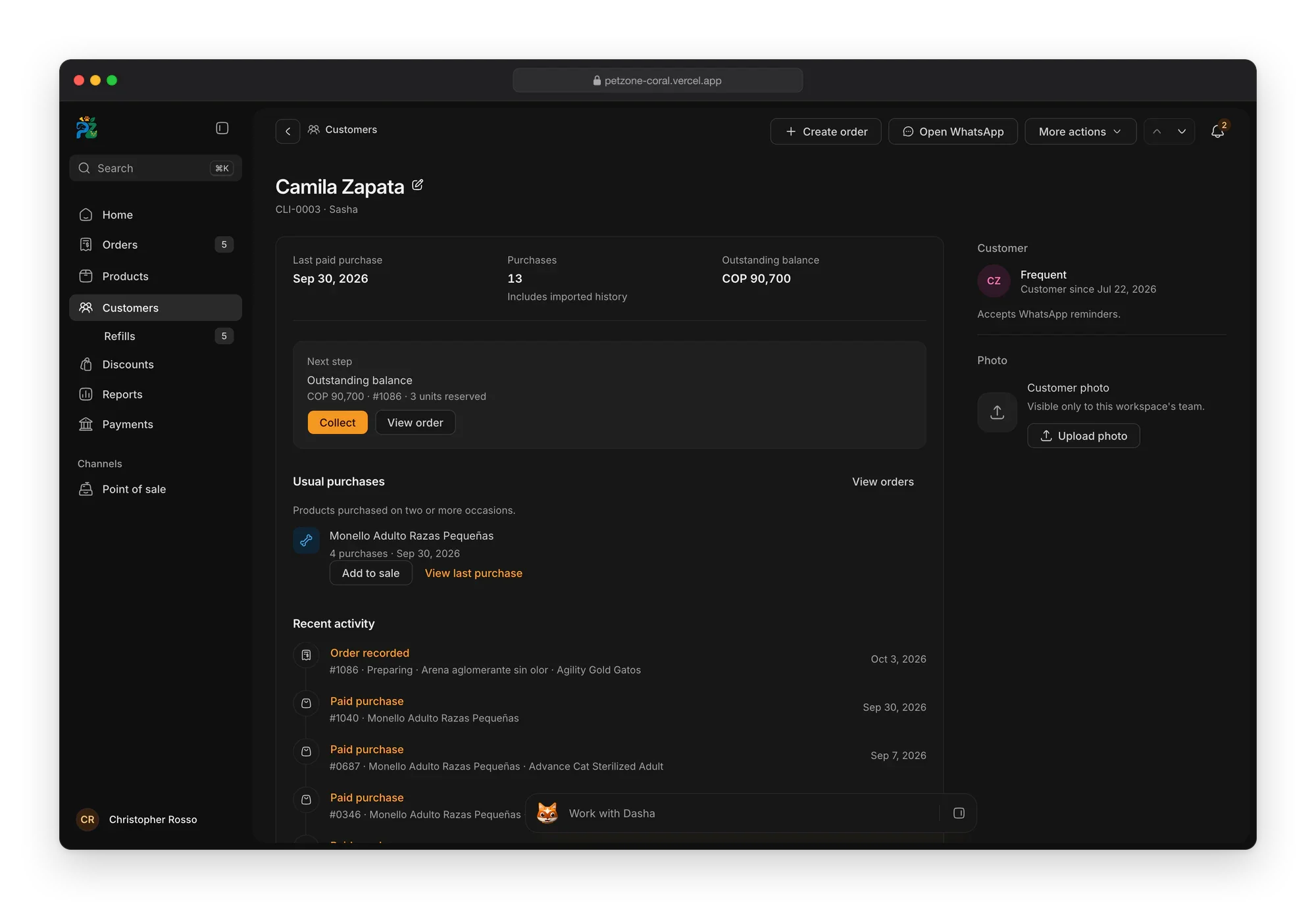 Petzone customer record in the dark theme: last paid purchase, purchases and balance, a next step to collect, usual purchases and recent activity