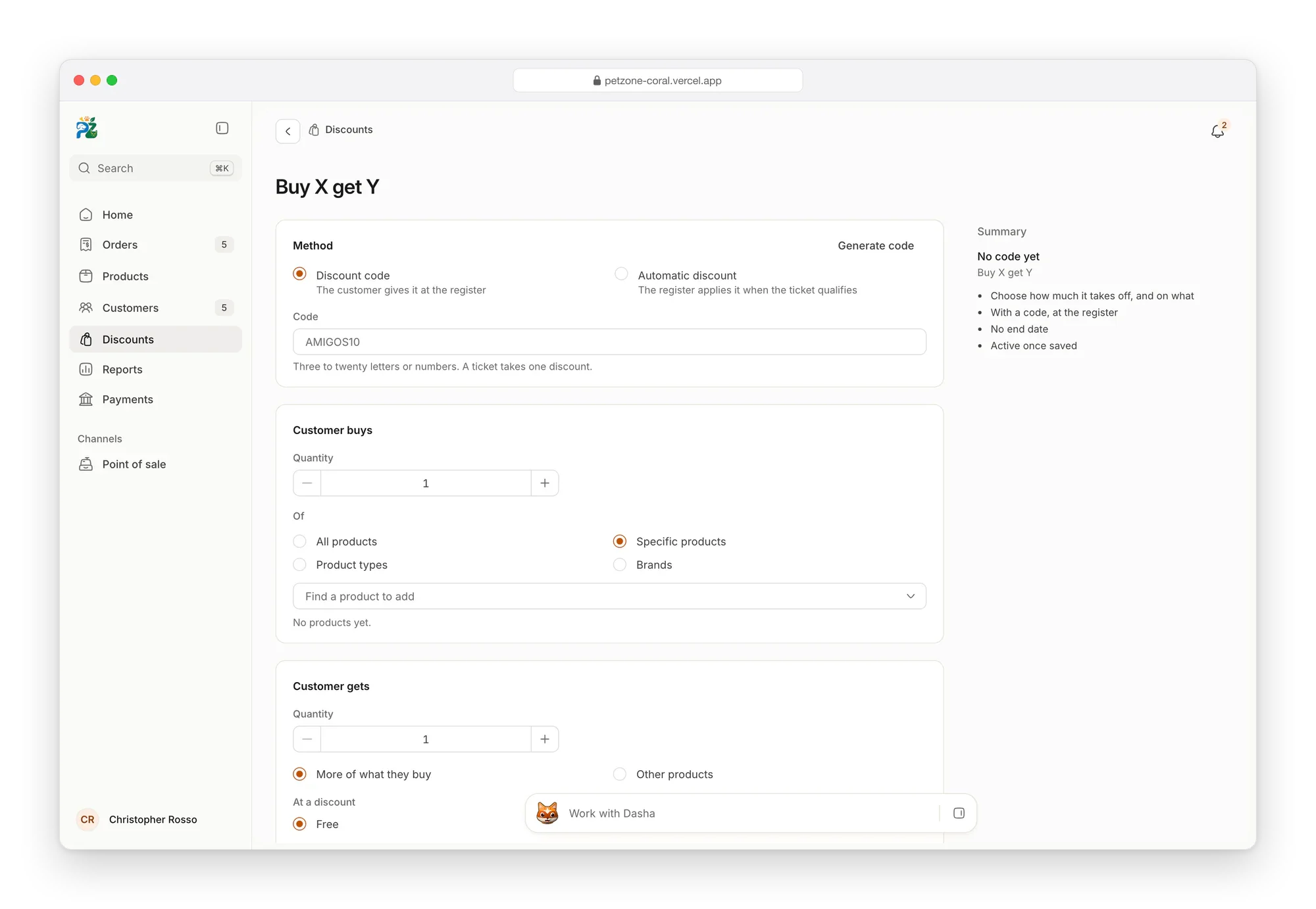 Petzone buy X get Y discount: a code or an automatic method, what the customer buys and what they get, with a summary beside it