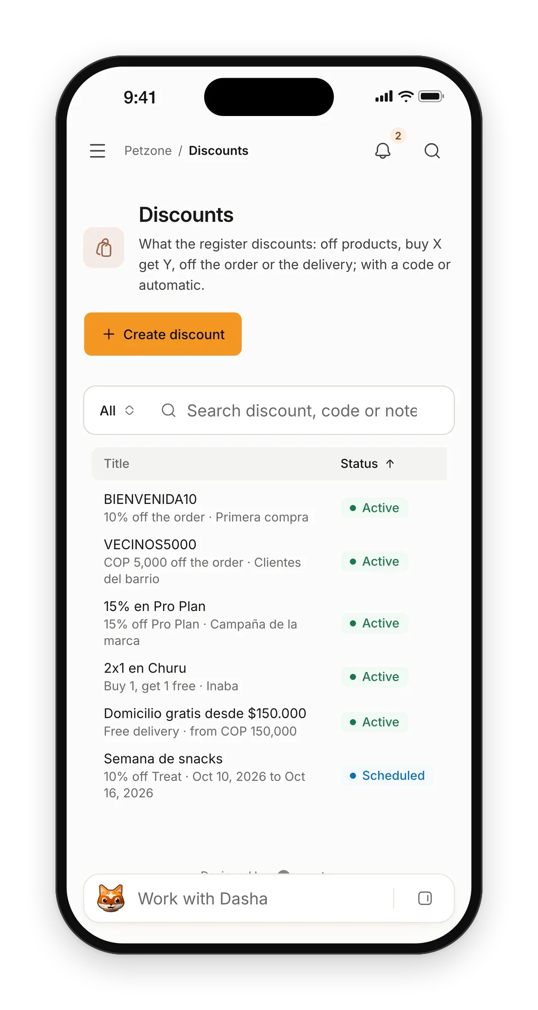 Petzone discounts on a phone: a button to create one above the list of discounts with their status
