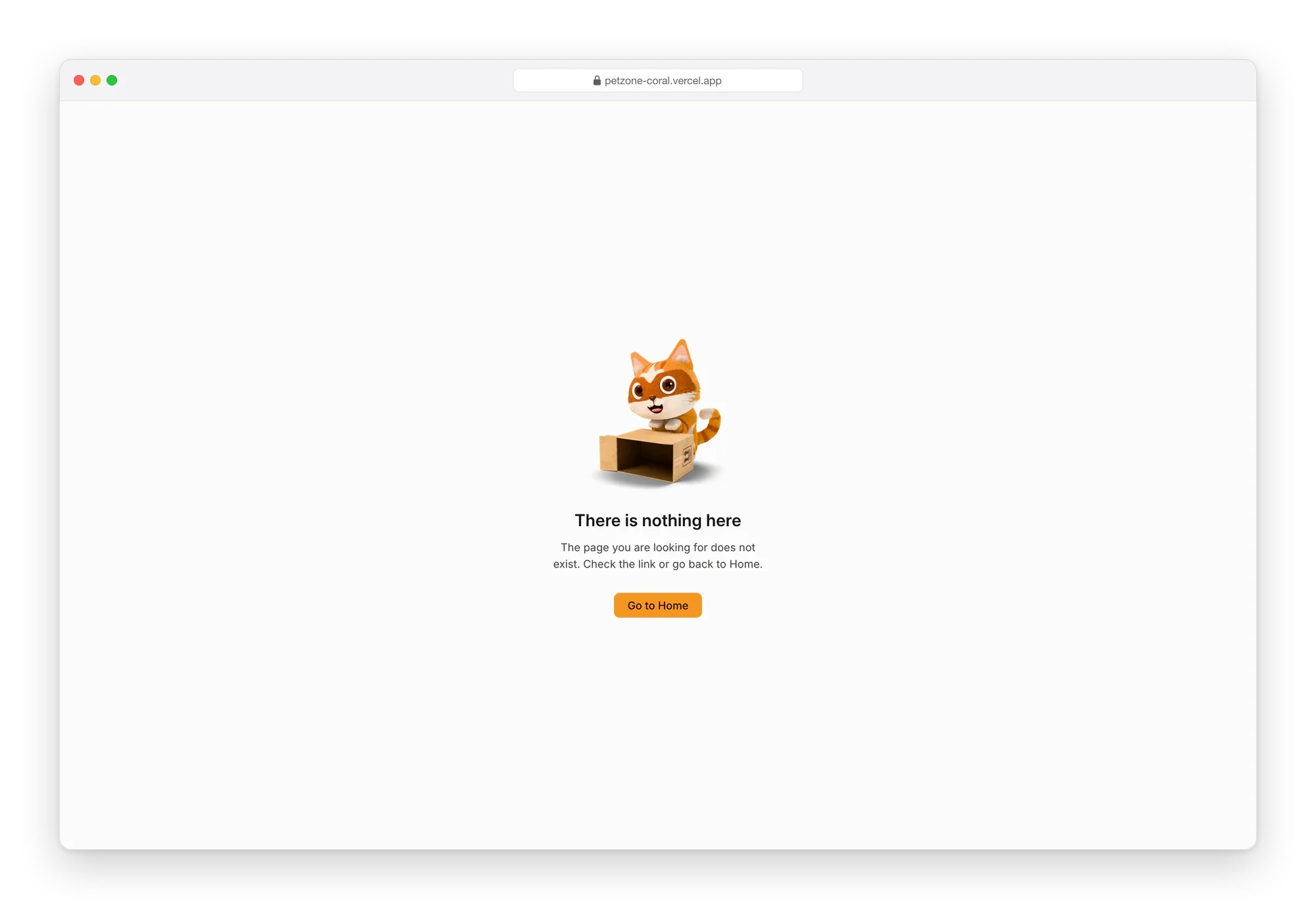 Petzone page not found: Dasha peeking out of a knocked-over empty box, above "There is nothing here" and a button back to Home
