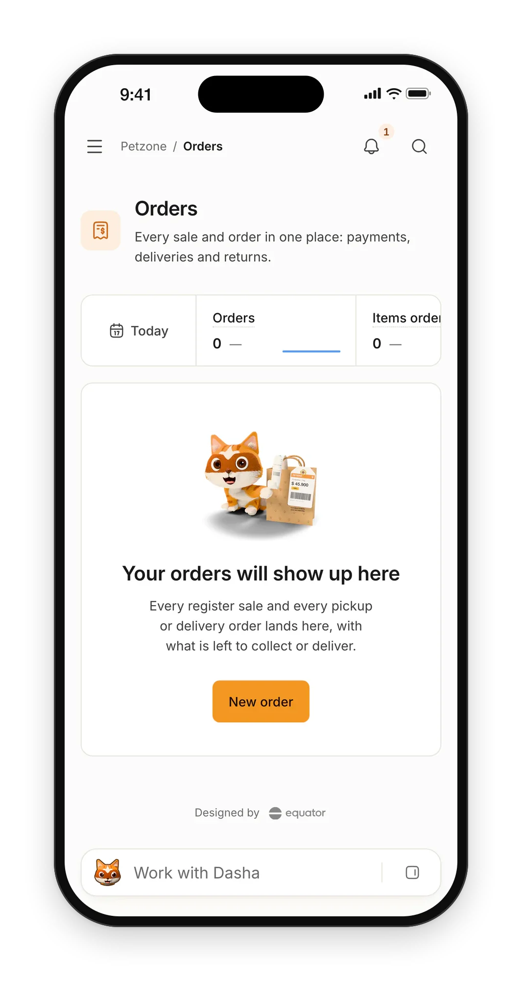 Petzone orders on a phone before the first sale: Dasha beside a Petzone bag, a sentence on how the list fills, and a button for a new order