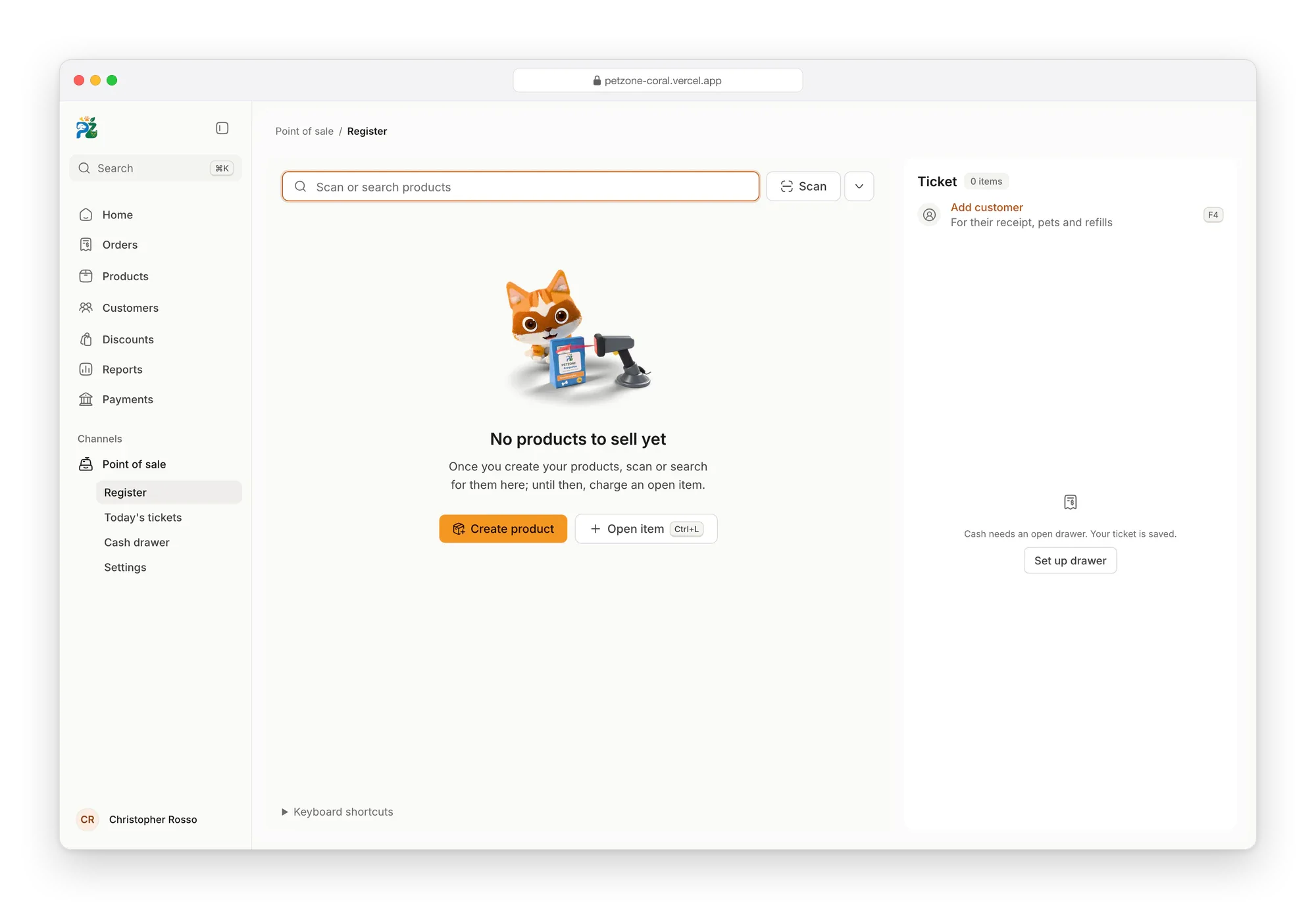 Petzone register with no products yet: Dasha sniffing a bag of kibble's barcode as a scanner's red beam crosses it, with buttons to create a product or charge an open item