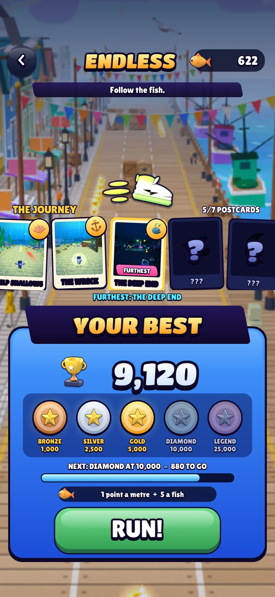 The endless page: a row of postcards, five stamped and two still hidden, above the best score and five medals from bronze to legend