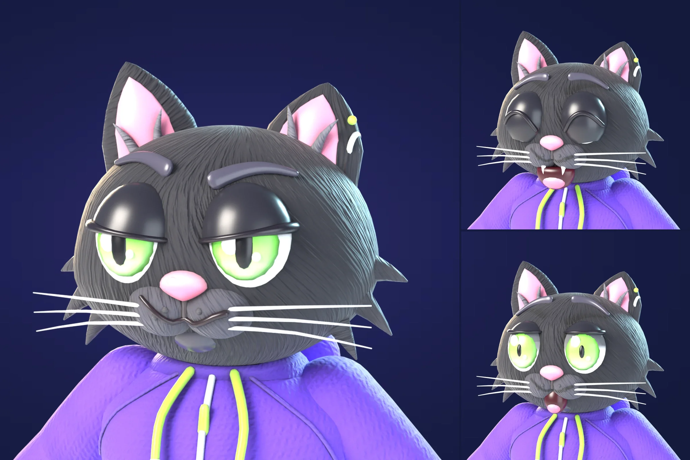 A close-up of Jinx's smug face, beside two more of his expressions: a happy grin and a shocked stare