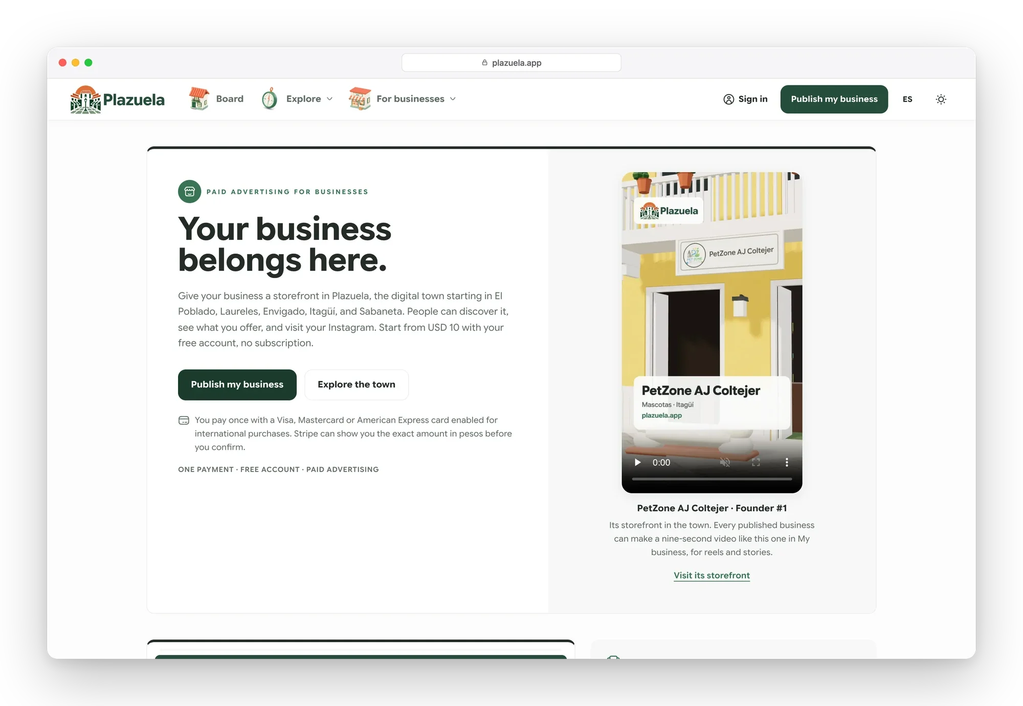 Plazuela page for businesses: a headline, the offer from USD 10 with a free account and no subscription, and a real storefront on film