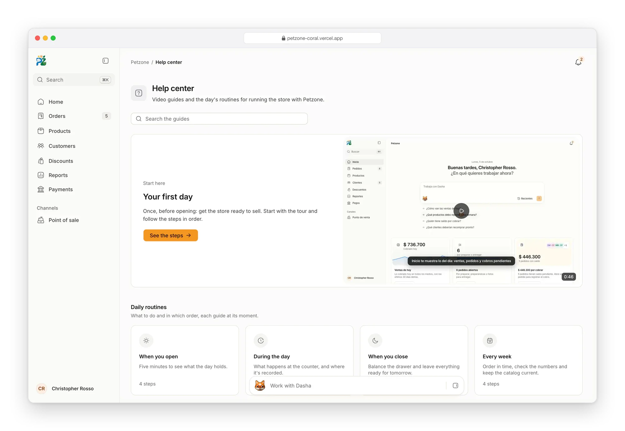 Petzone's help center: a search box for the guides, Your first day with a narrated video of Home and a button to see its steps, and four daily routines: when you open, during the day, when you close and every week