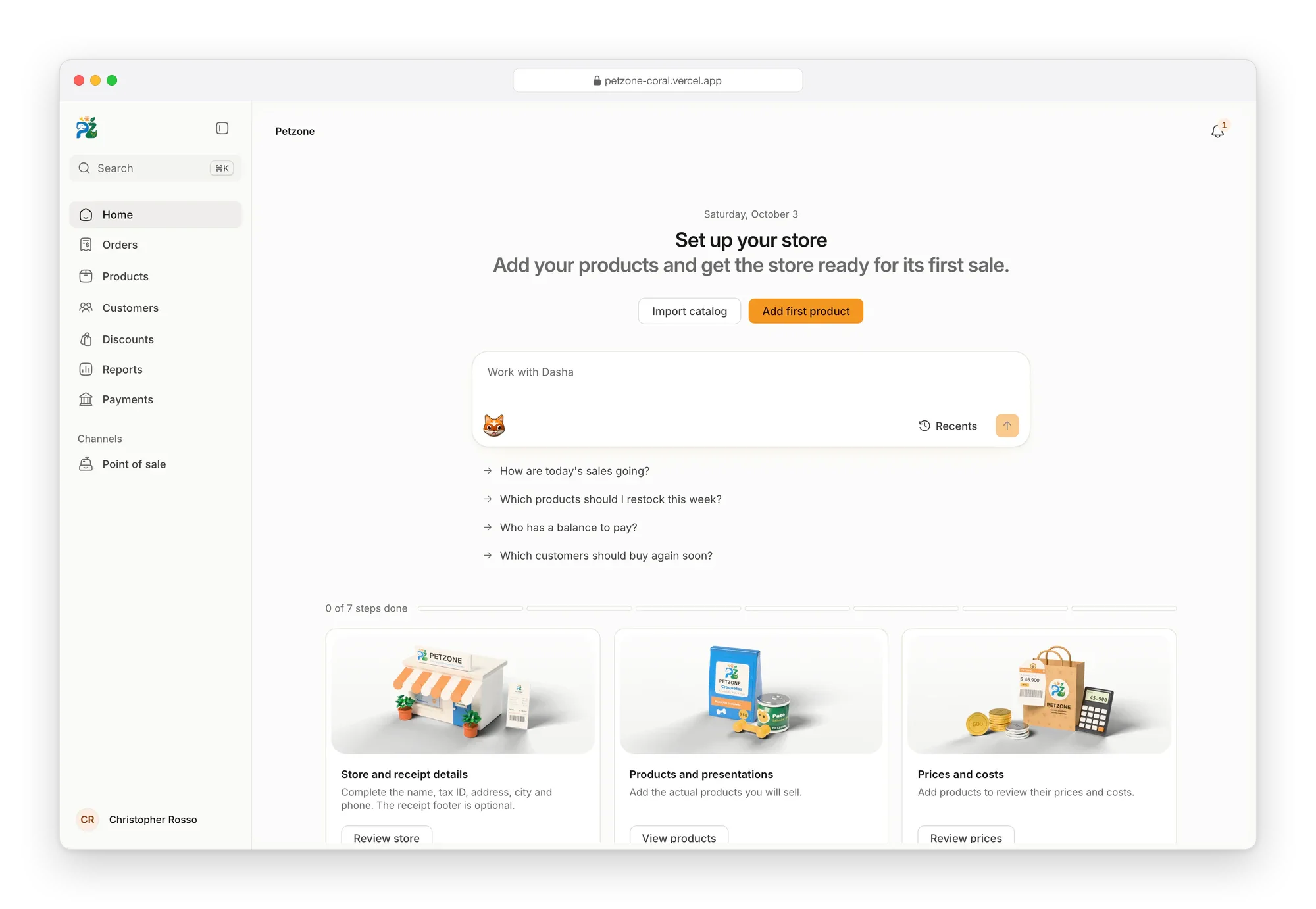Petzone Home for a new store: Set up your store, with buttons to import a catalog or add the first product, the assistant's box, and the first of seven setup cards, each with a 3D cover: store and receipt details, products and presentations, prices and costs
