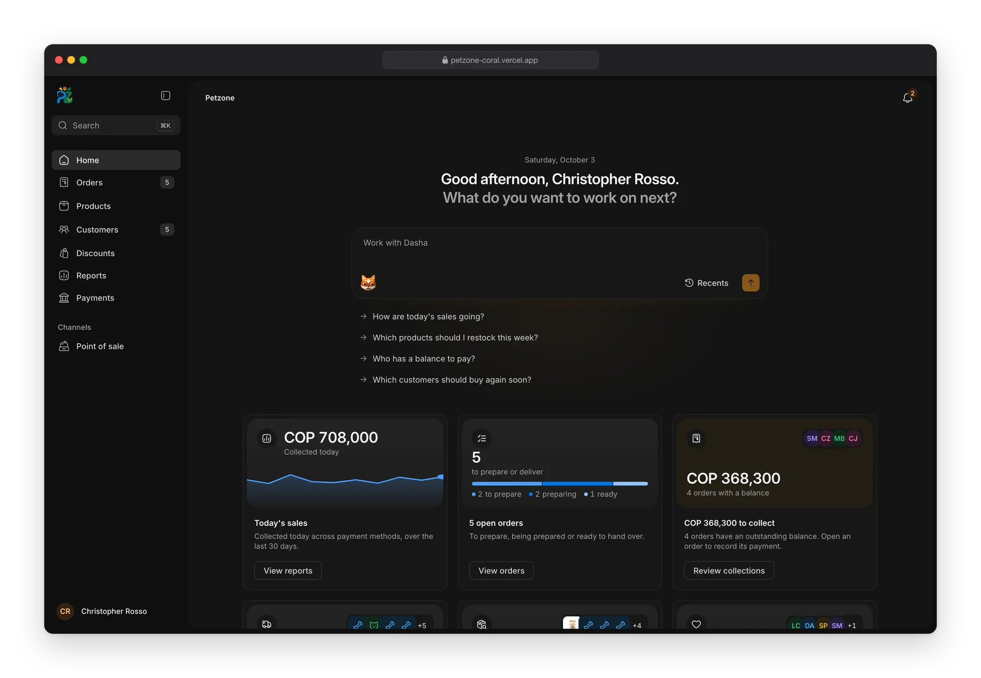 Petzone Home in the dark theme: a greeting, the assistant's box with suggested questions, and cards for today's sales, open orders and balances to collect