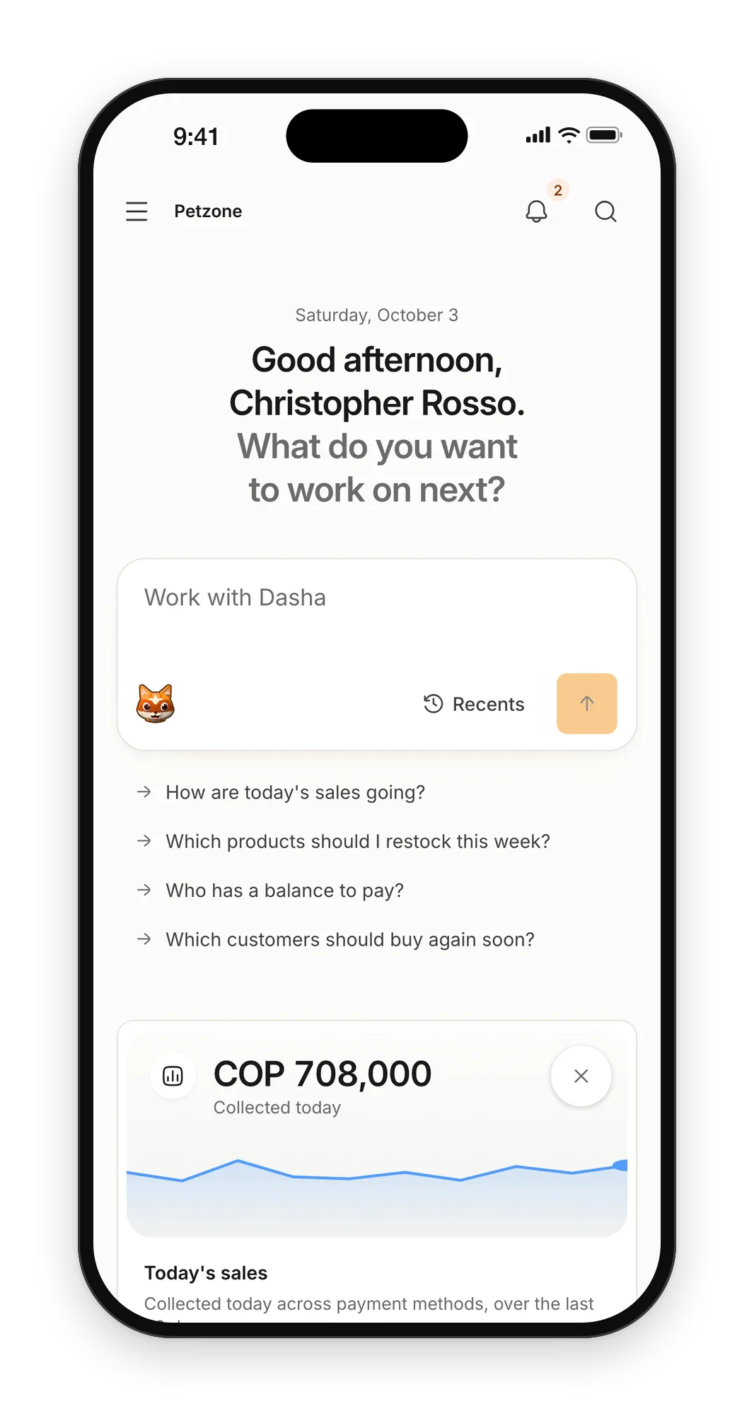 Petzone Home on a phone: the date and a greeting, the assistant's box with suggested questions, and today's sales
