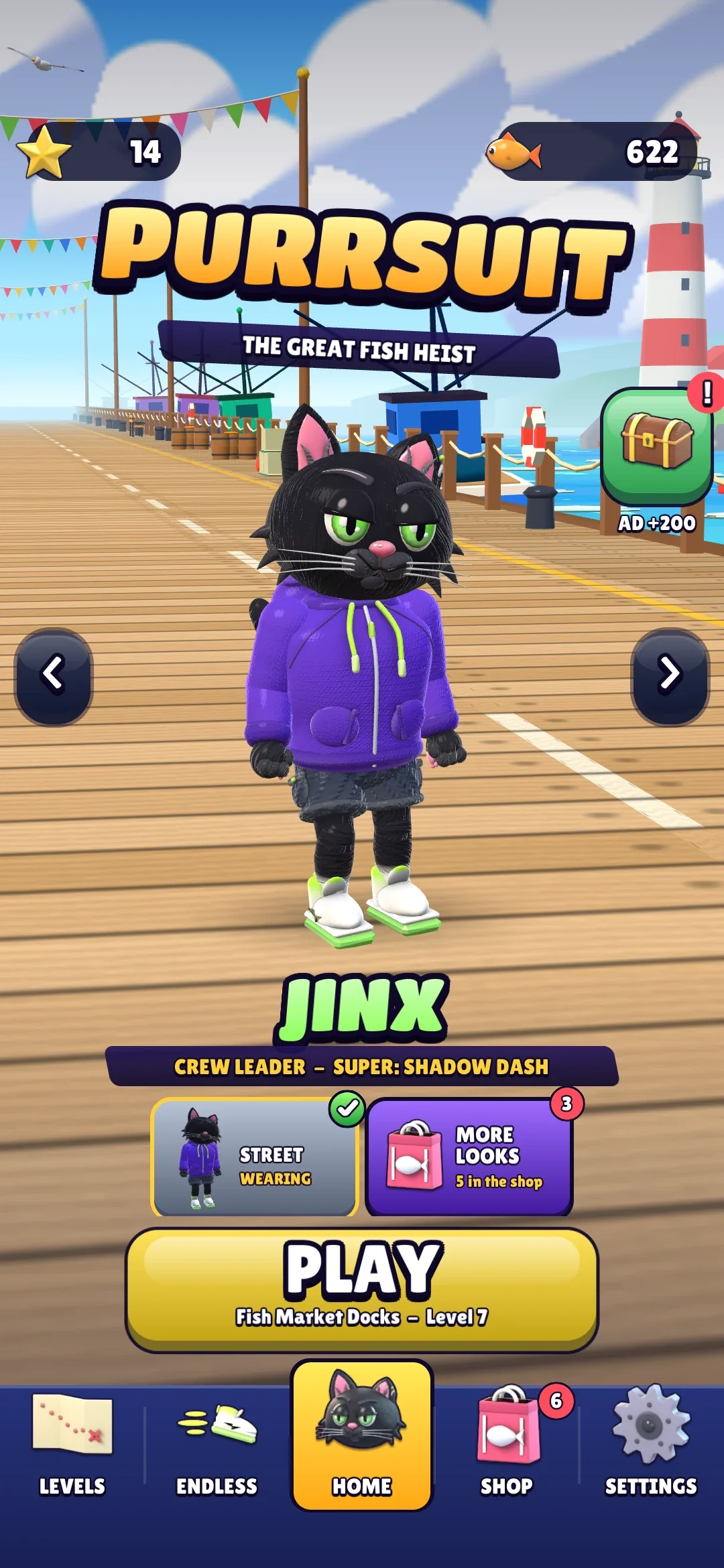 The home screen: Jinx on the boardwalk under the logo, his name and super, his looks, a big PLAY button and the tab bar