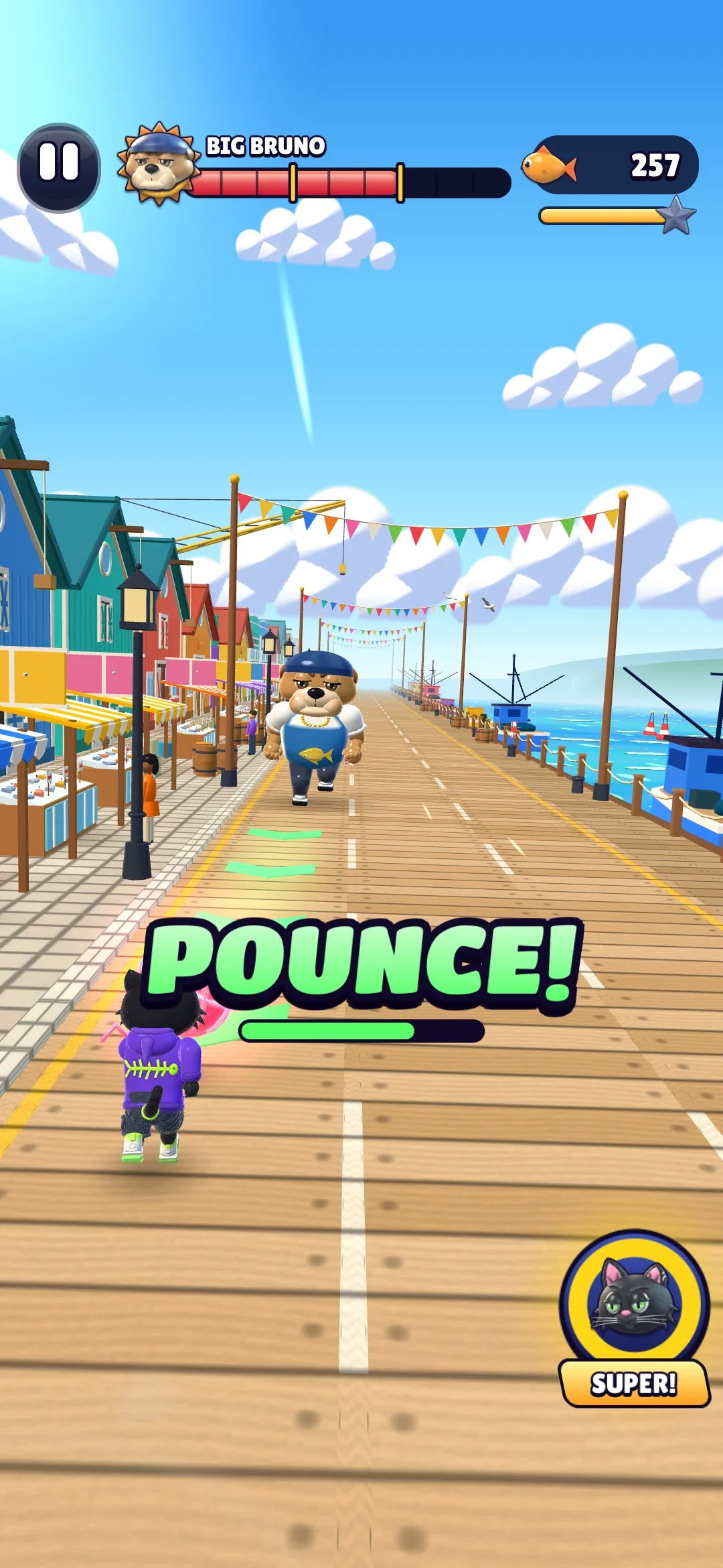 Big Bruno, the docks boss, charging down a lane while a POUNCE! callout says how to answer, with his health bar at the top