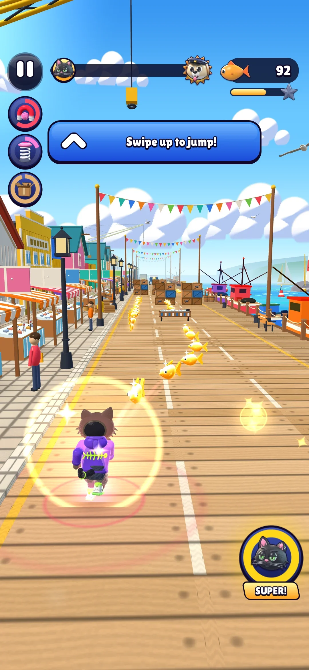 Jinx running with three power-ups along the left edge, a card that says to swipe up to jump, and the super button ready in the corner