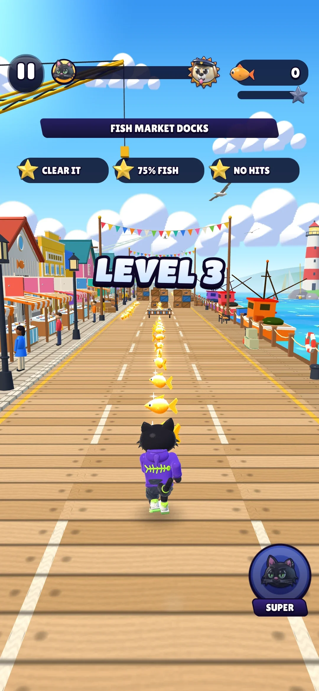 Purrsuit's level 3 starting on the fish market docks, with the district's name and the three star goals over the boardwalk