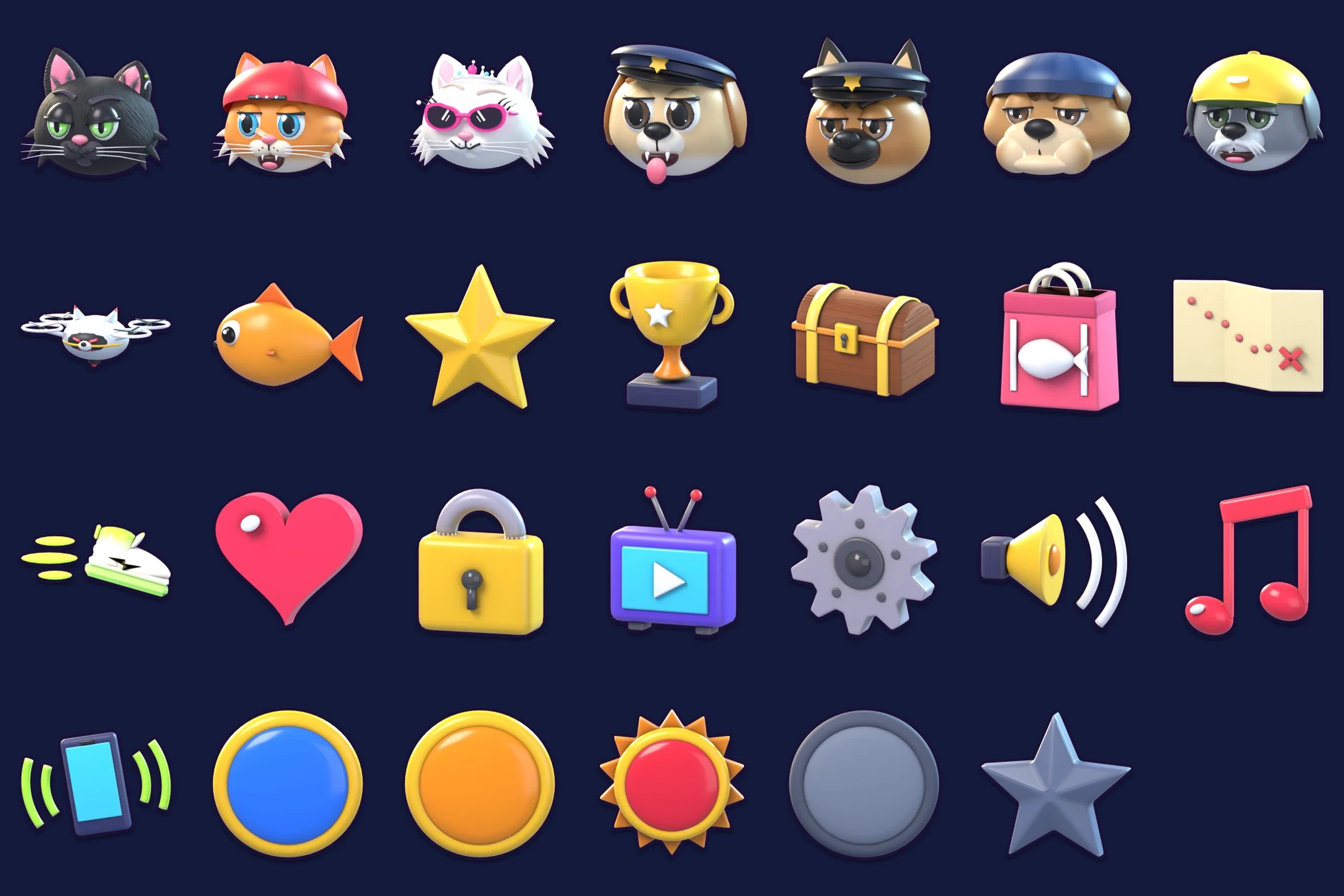 The game's 3D menu icons: the three heroes, the Dog Squad's five bosses, a fish, a star, a trophy, a chest, a shopping bag, a map, a heart, a padlock, a TV for ads, a gear, sound, music, vibration and the level medallions
