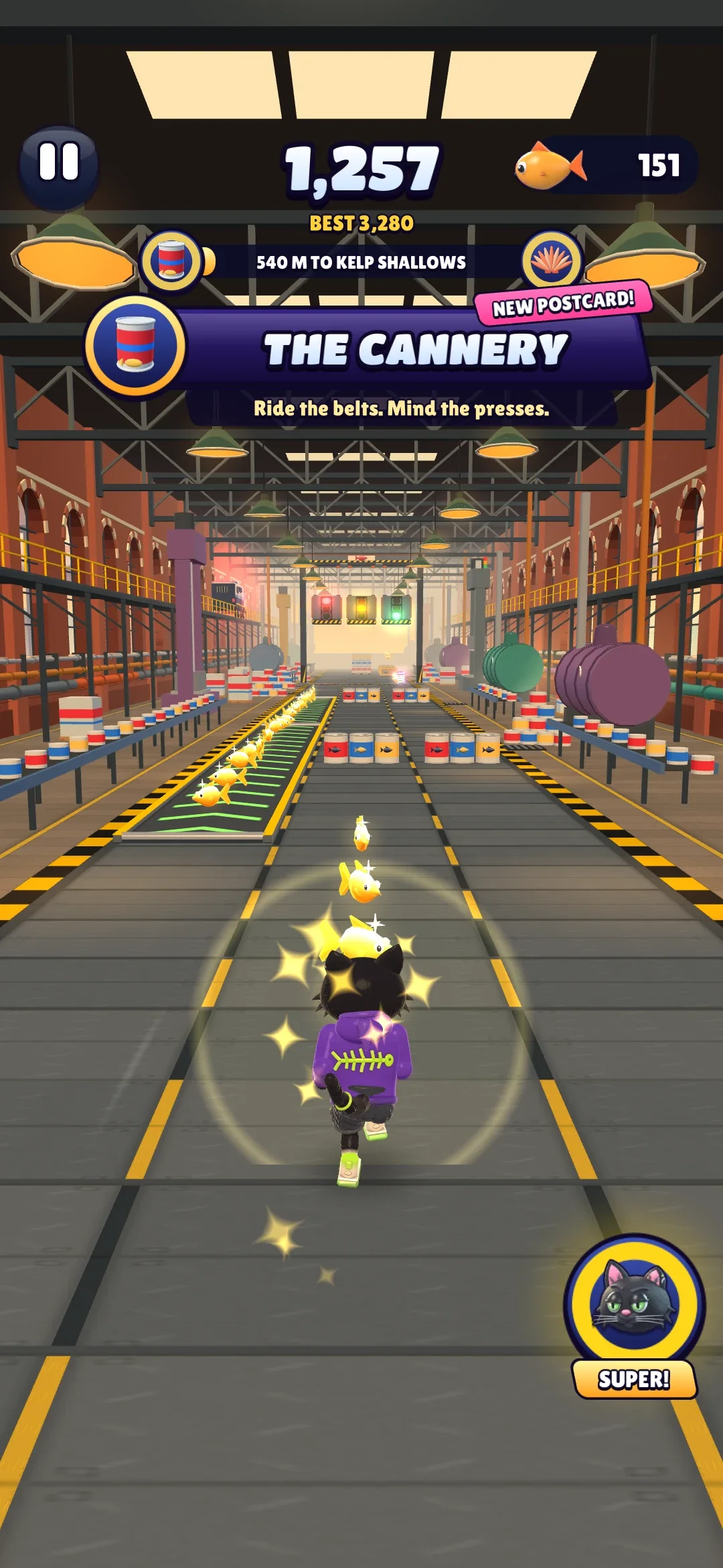 The Cannery's place card over a factory hall with conveyor belts, and the journey bar under the score