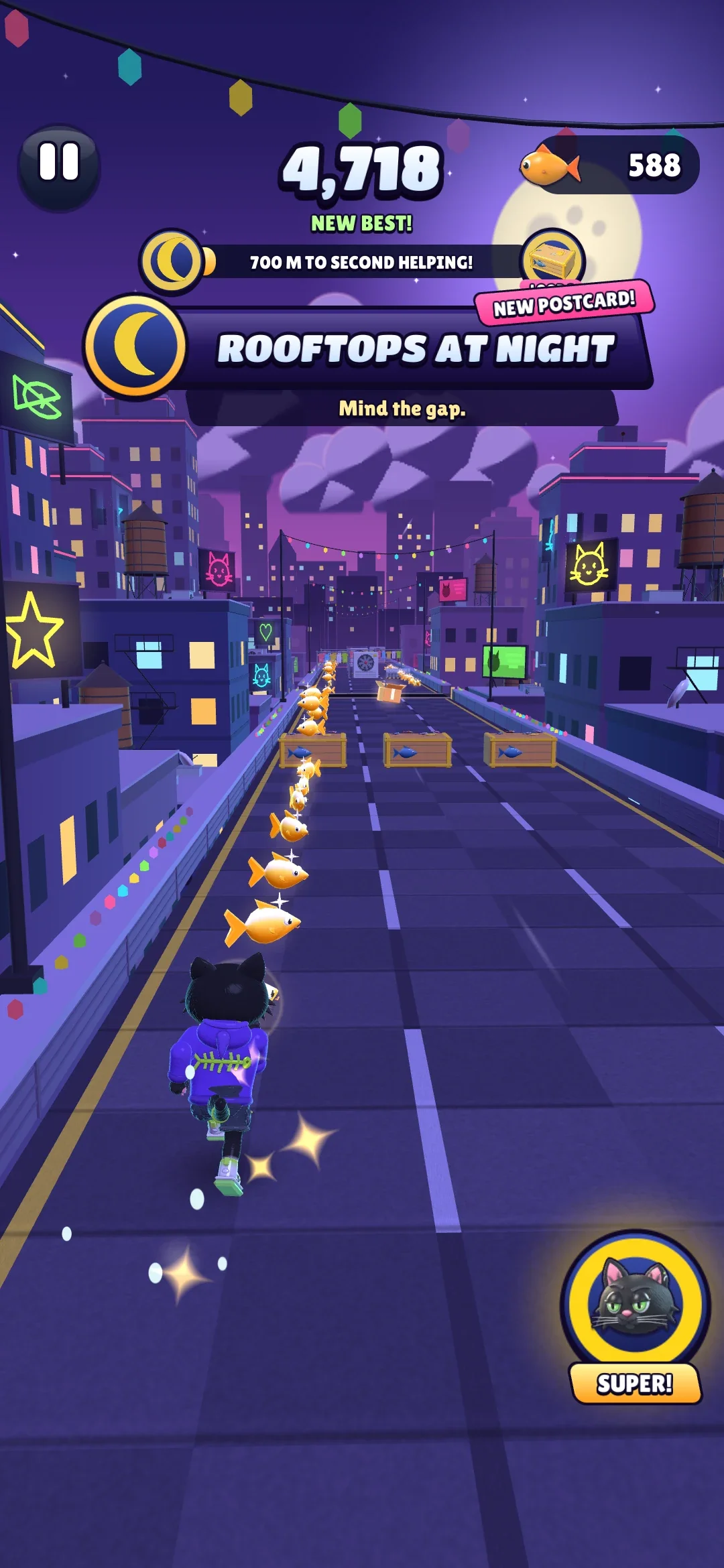 Rooftops at Night: Jinx running across flat roofs under a full moon, among neon signs and city lights