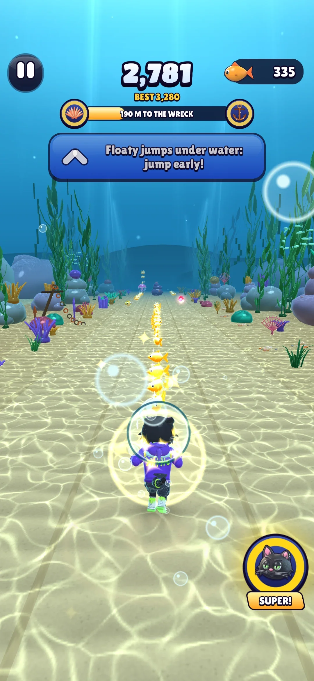 Jinx running along the sandy sea floor in a fishbowl helmet, kelp and coral on either side and light rippling on the sand