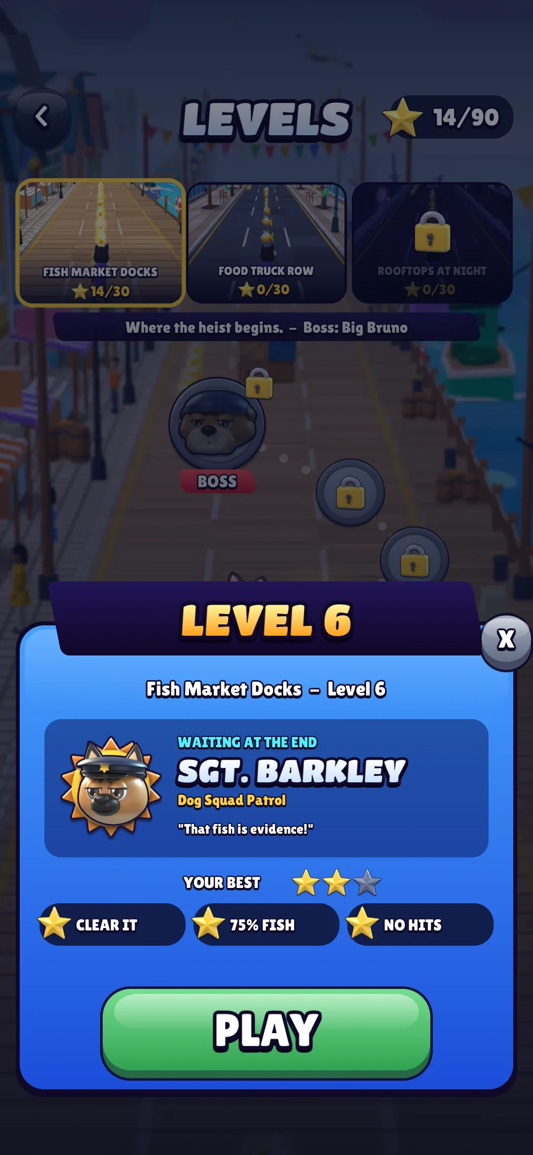 Level 6's card: Sgt. Barkley waiting at the end with his taunt, the best stars so far, the three goals and a PLAY button