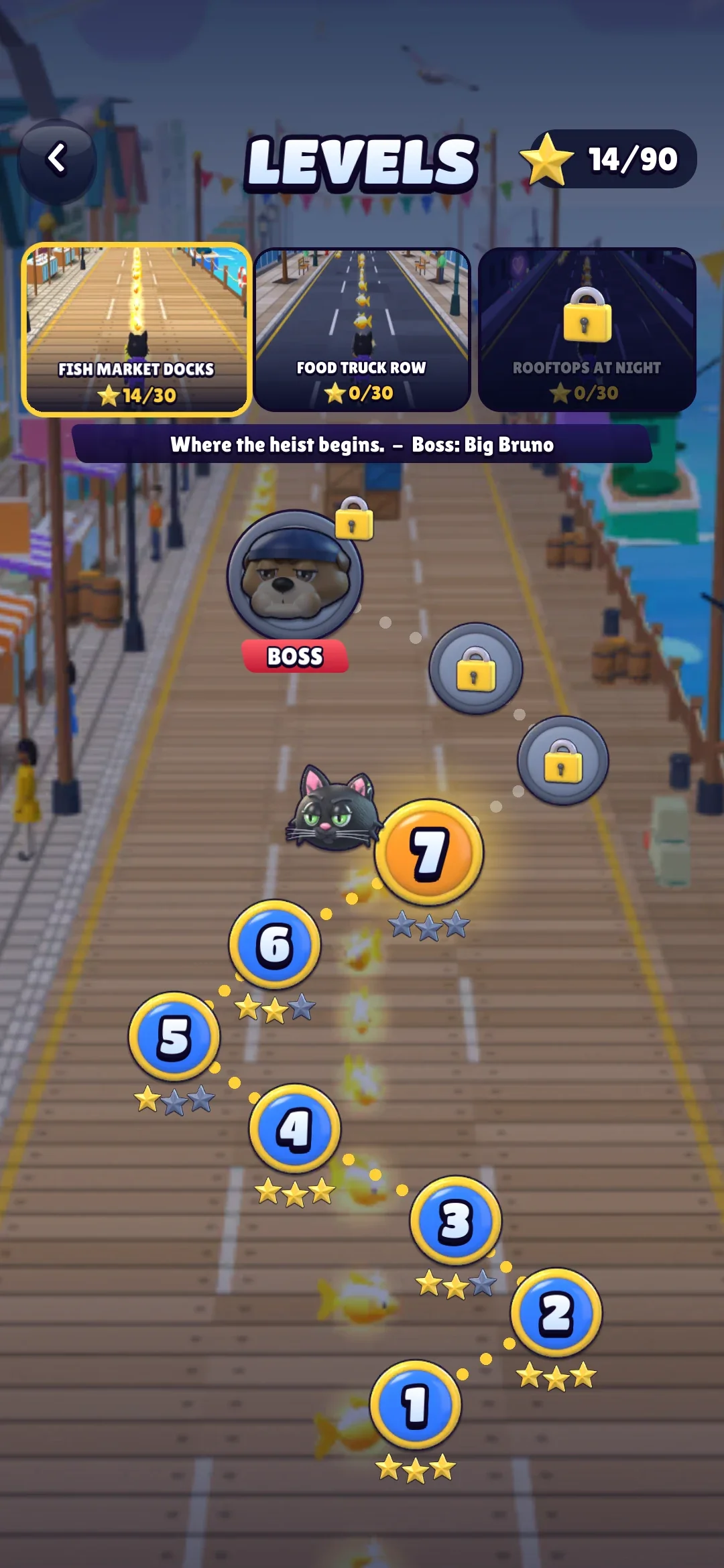 The levels map: three district cards above ten medallions on a winding path, the next level glowing with Jinx's head beside it and the boss at the top