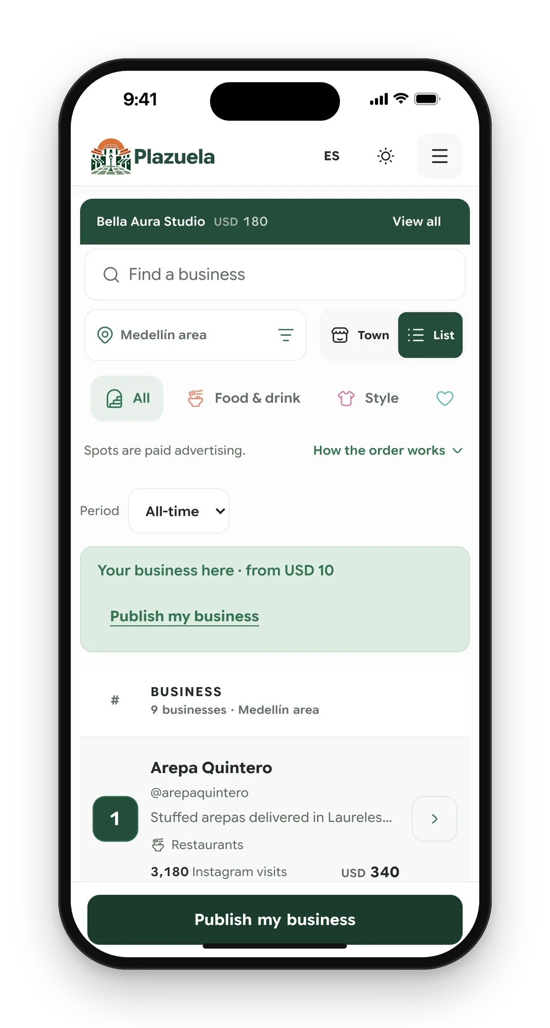Plazuela list view on a phone with search, filters and the open spot offer above the ranking