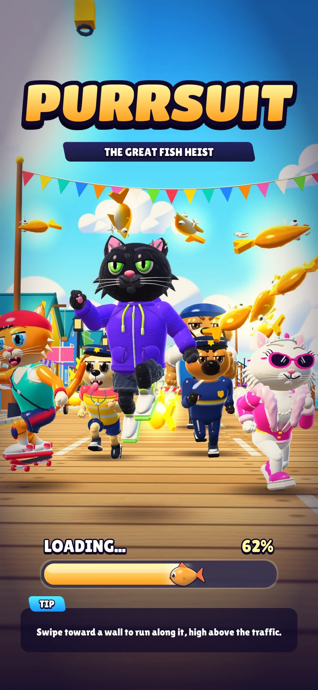 The loading screen: the Purrsuit logo over key art of the crew running from the Dog Squad, with a gold loading bar and a tip