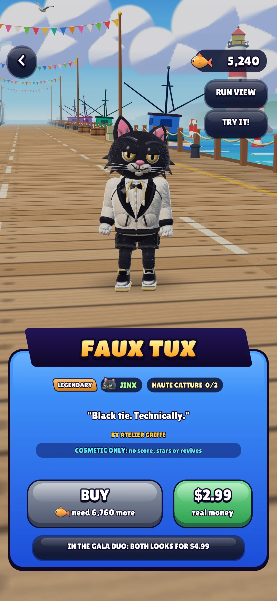 Jinx trying on Faux Tux, a white tuxedo, with its price in fish and in dollars