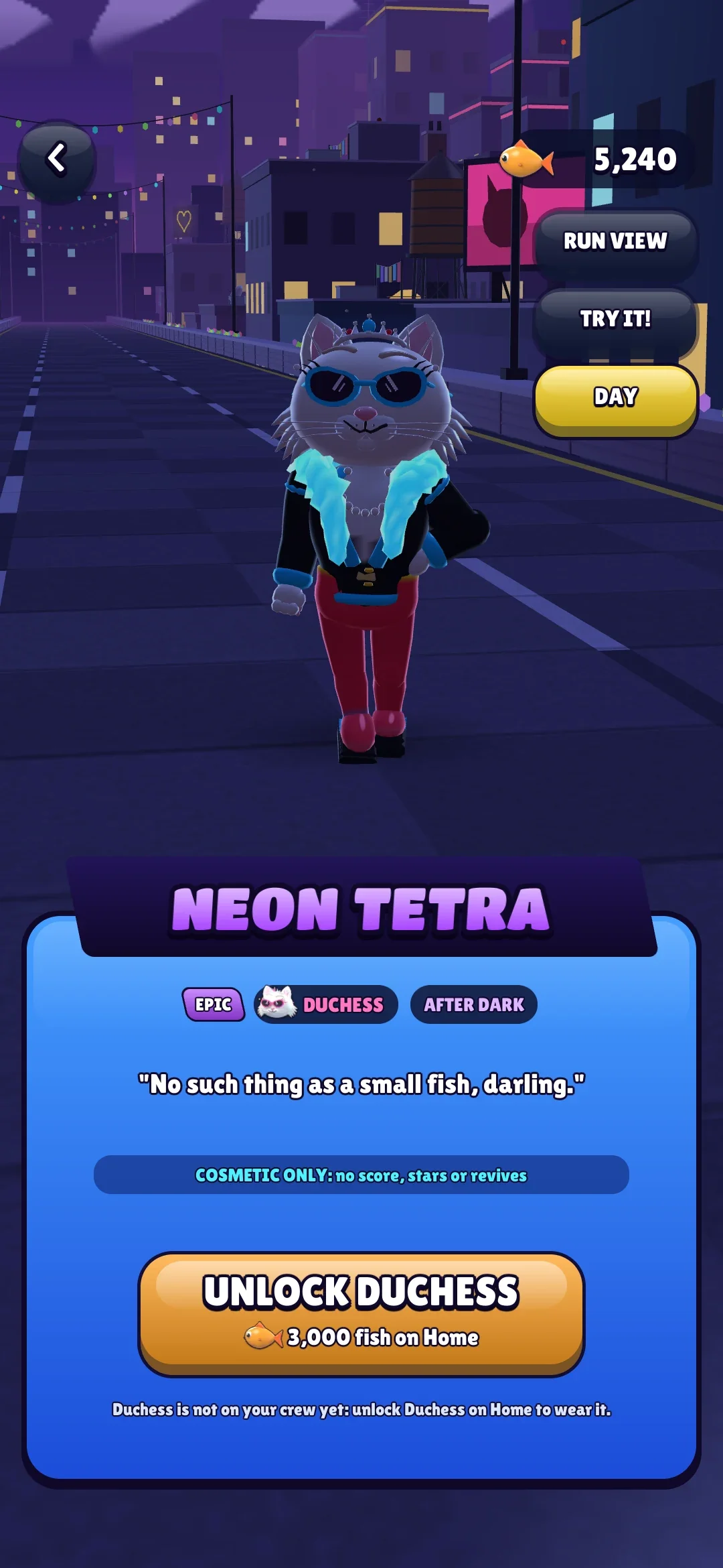 Duchess trying on Neon Tetra, with a glowing boa, on the rooftops at night