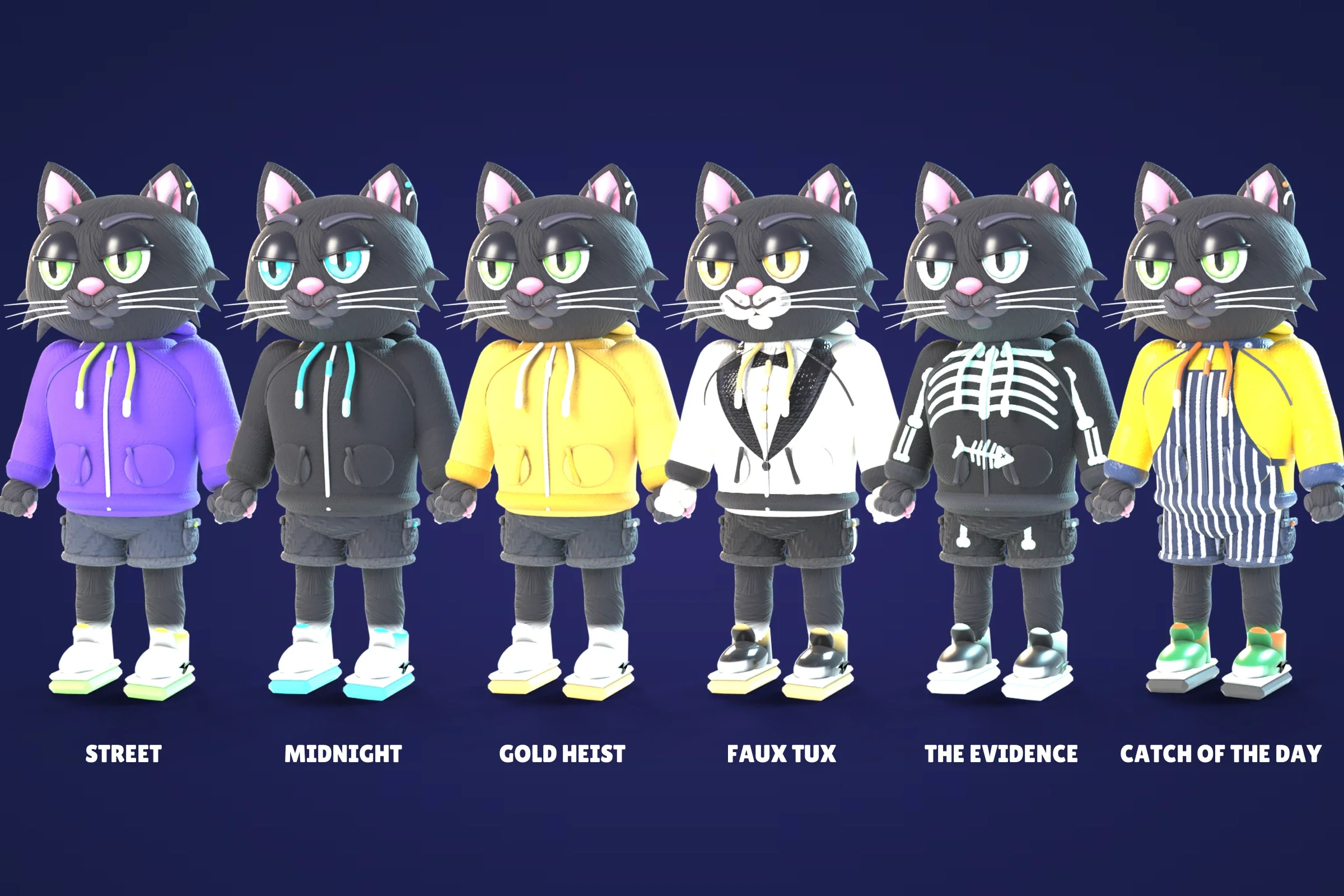 Jinx in his six looks side by side: Street, Midnight, Gold Heist, Faux Tux, The Evidence and Catch of the Day