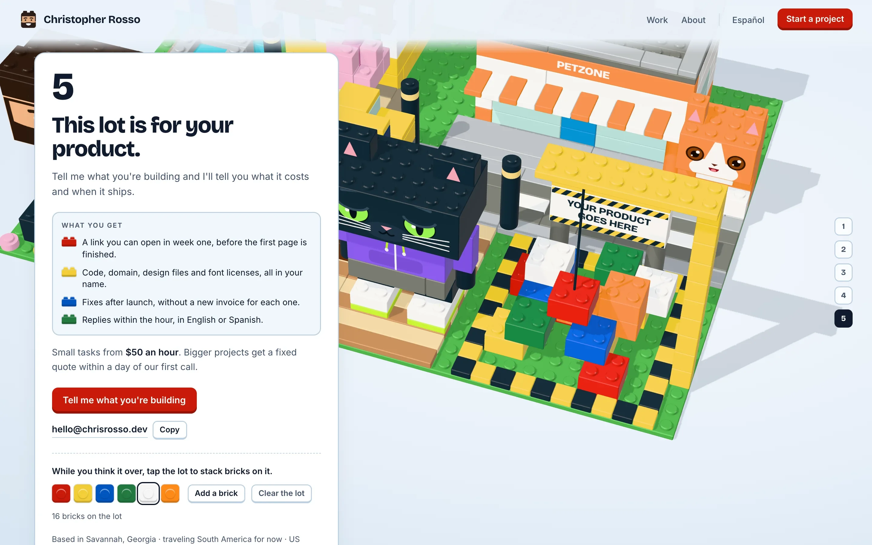 The empty lot on the home page with sixteen bricks a visitor stacked on it, in red, yellow, blue, green, orange and white