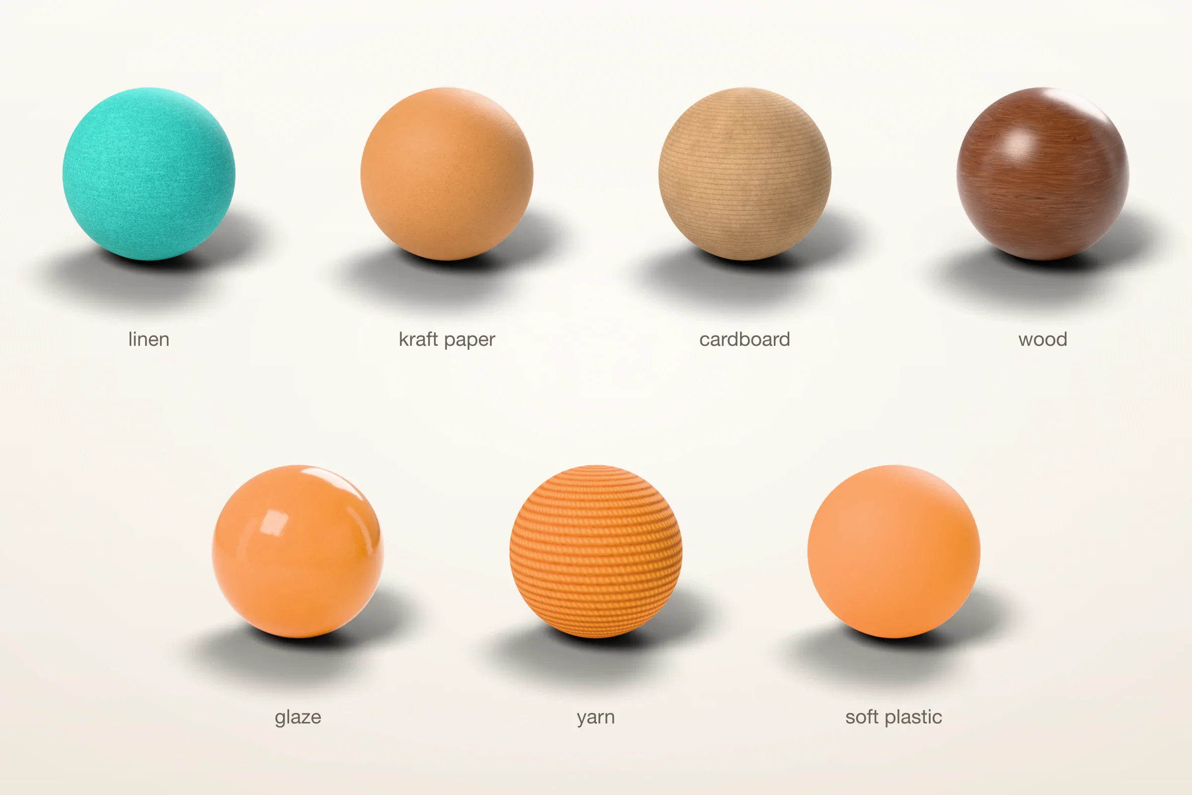 Seven material balls in the colours the scenes use: teal linen, kraft paper, cardboard, wood, an orange glaze, orange yarn and soft orange plastic