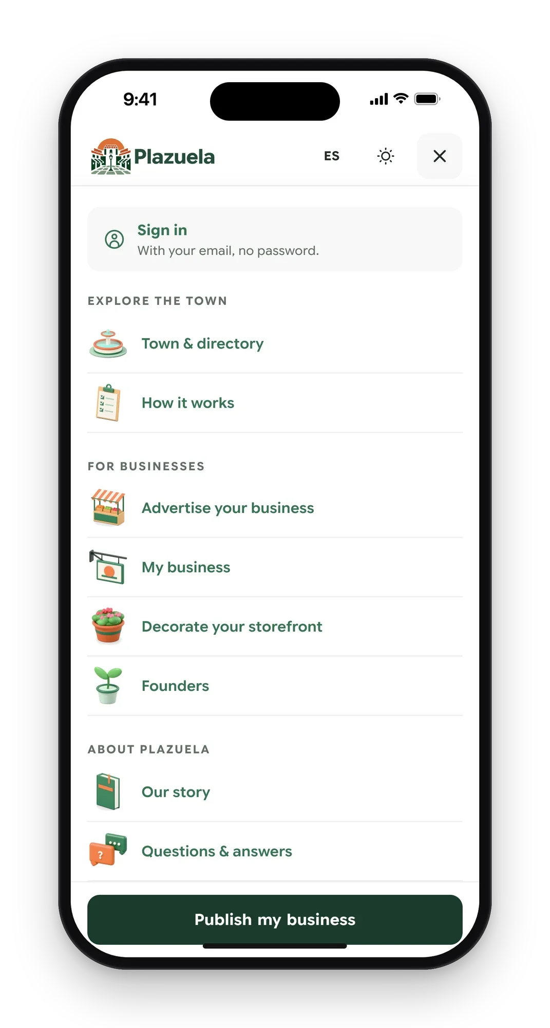 Plazuela menu on a phone with sign-in and links to the town, how it works, advertising, the business page, the storefront shop, the founders and Plazuela's story