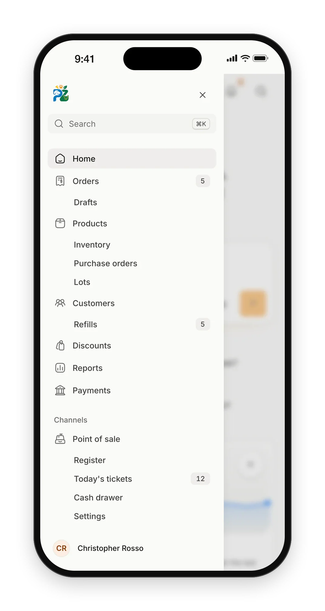 Petzone menu on a phone: home, orders, products, customers, discounts, reports, payments and the point of sale, with their pages under them and counts for orders, refills and tickets