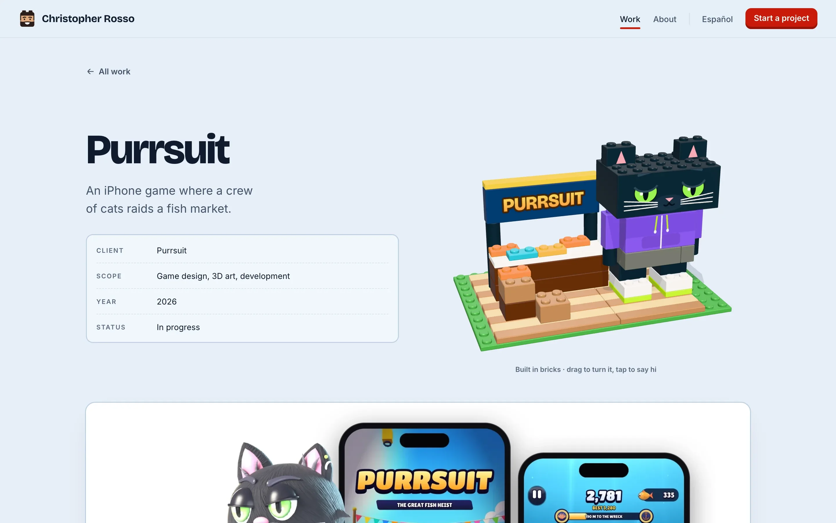 The Purrsuit case study opening with the fish stall and Jinx built in bricks beside the project facts