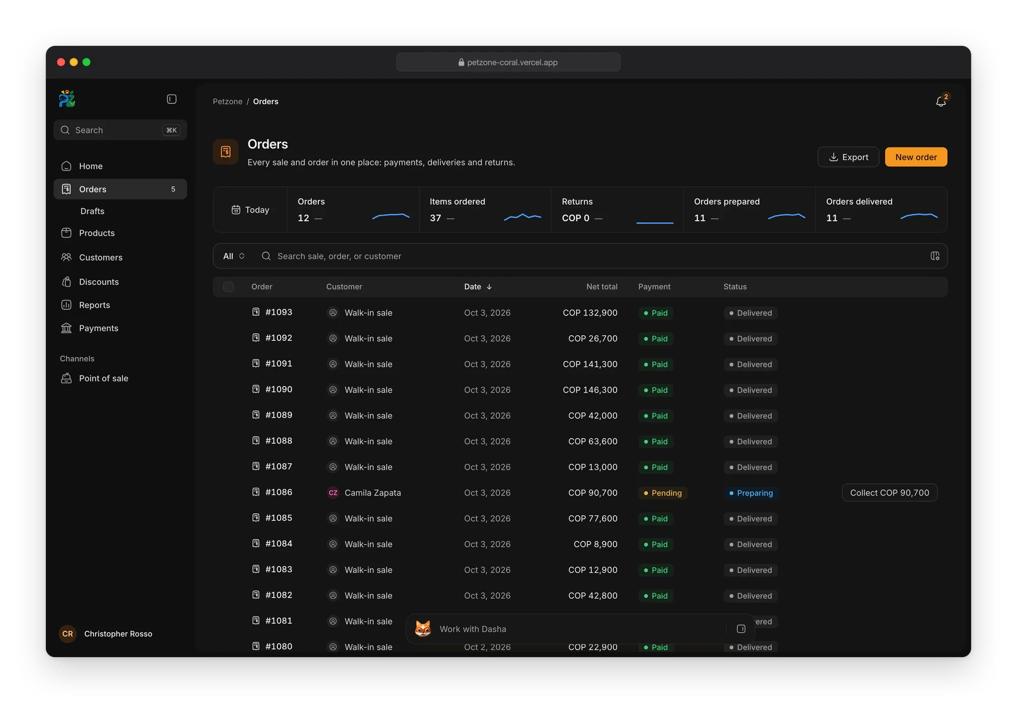 Petzone orders in the dark theme: today's figures above the table of receipts, with their payment and delivery status