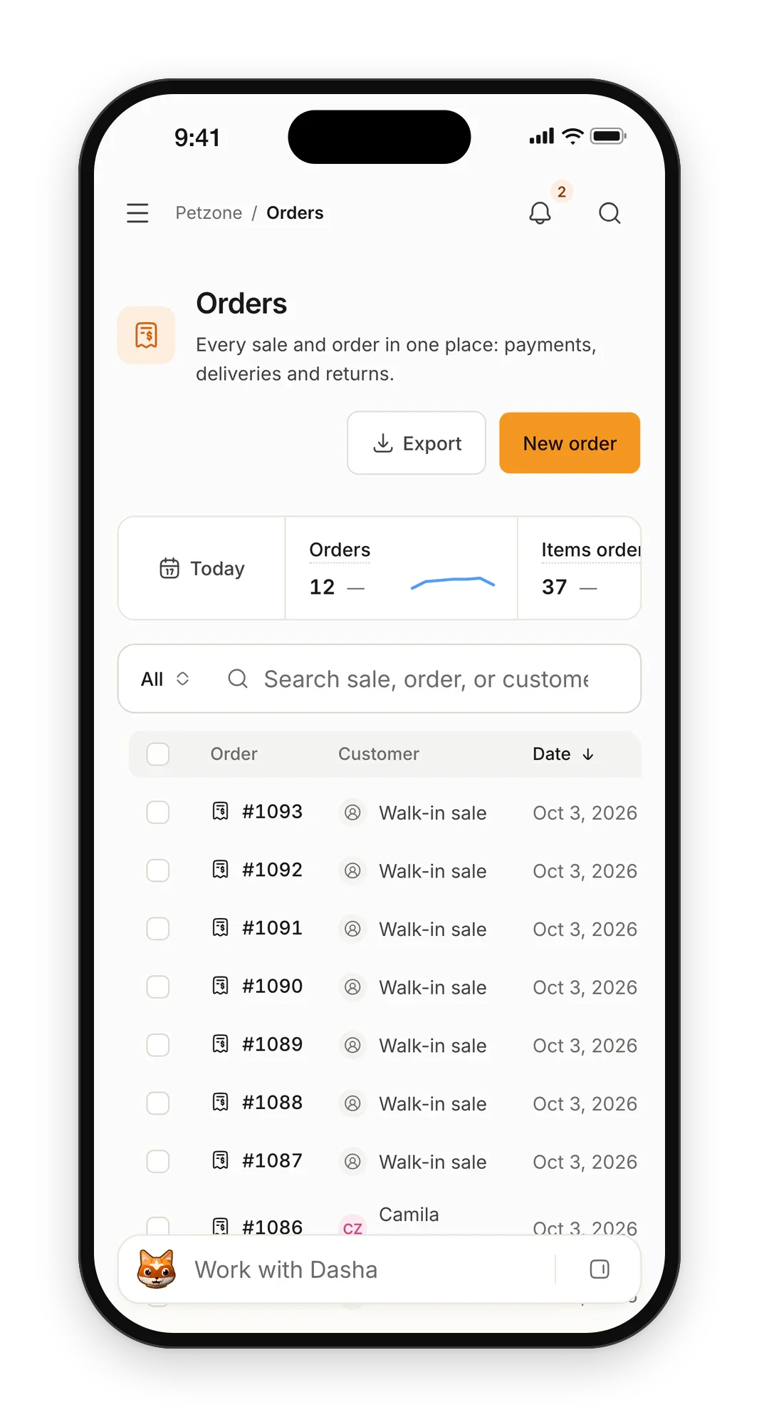 Petzone orders on a phone: today's orders and items above the list of receipts