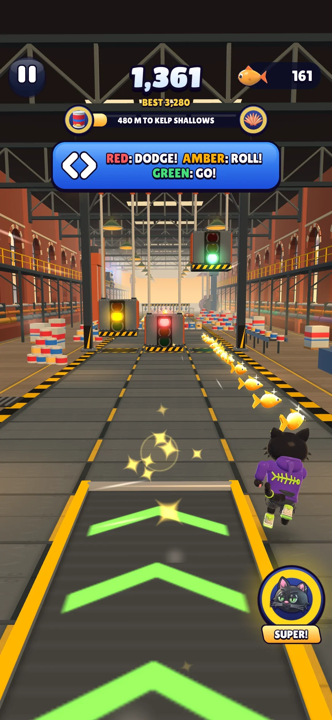 Can presses in the Cannery with a red, amber or green light over each lane, and a card that reads red dodge, amber roll, green go
