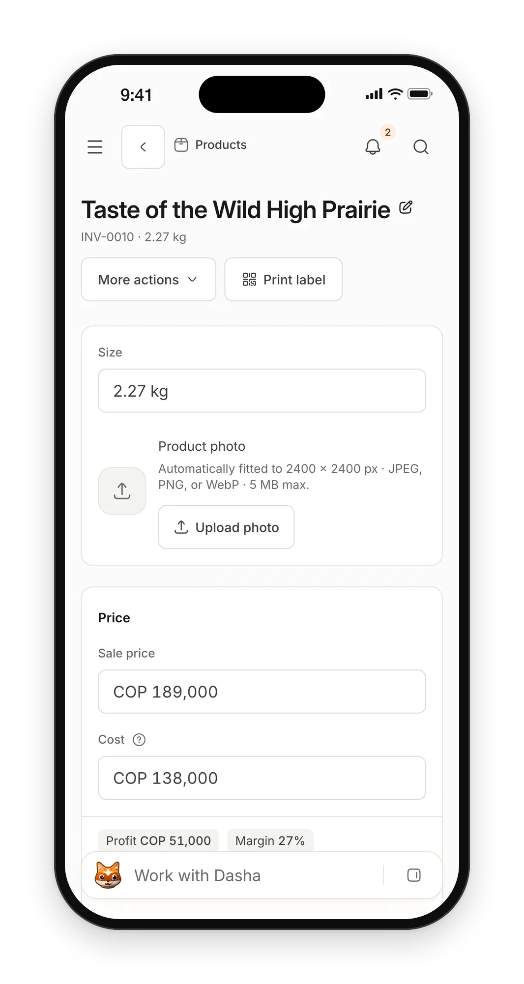 Petzone product page on a phone for a dog food: size, photo, sale price and cost, with the profit and margin