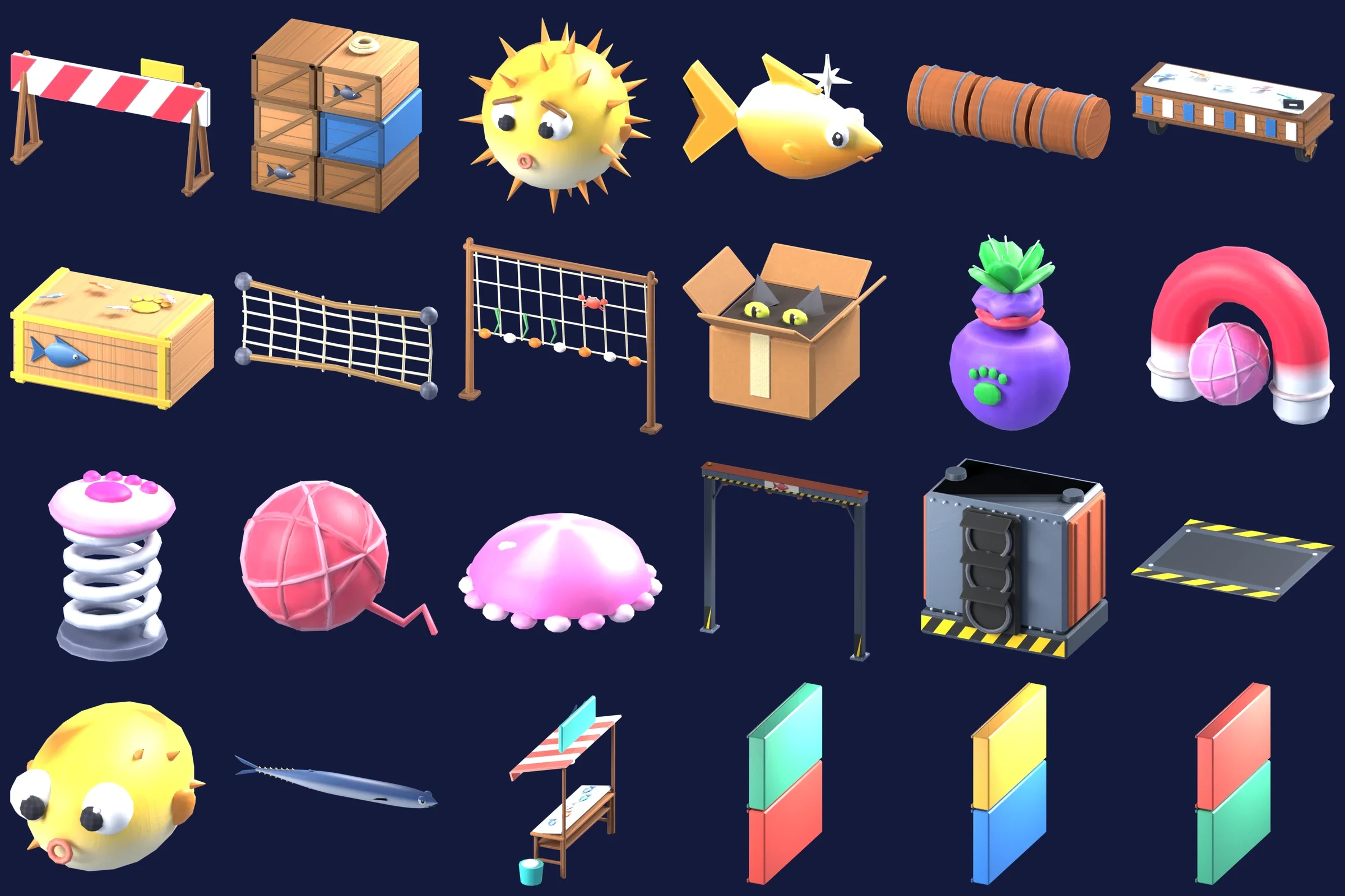 Twenty-four painted props from the run, among them a barrier, crates, a pufferfish, a goldfish, nets, a cardboard box with a cat inside, power-ups, a jellyfish, a can press and a tuna