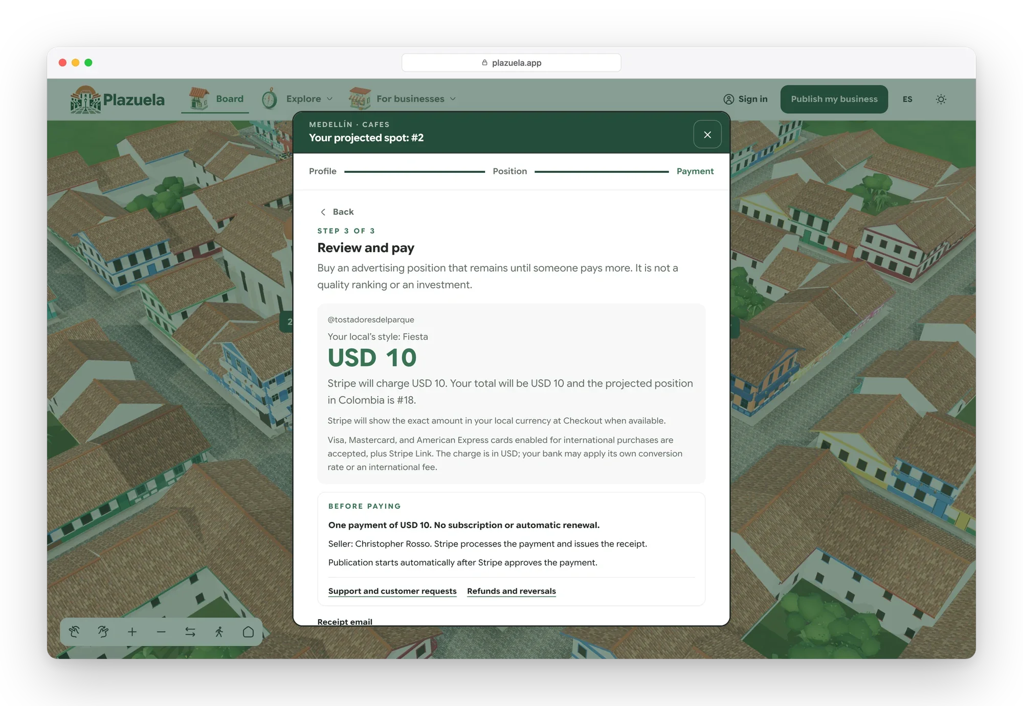 Publish dialog, payment review: the handle, the chosen style, the charge in USD, what the payment is and is not, and who processes it