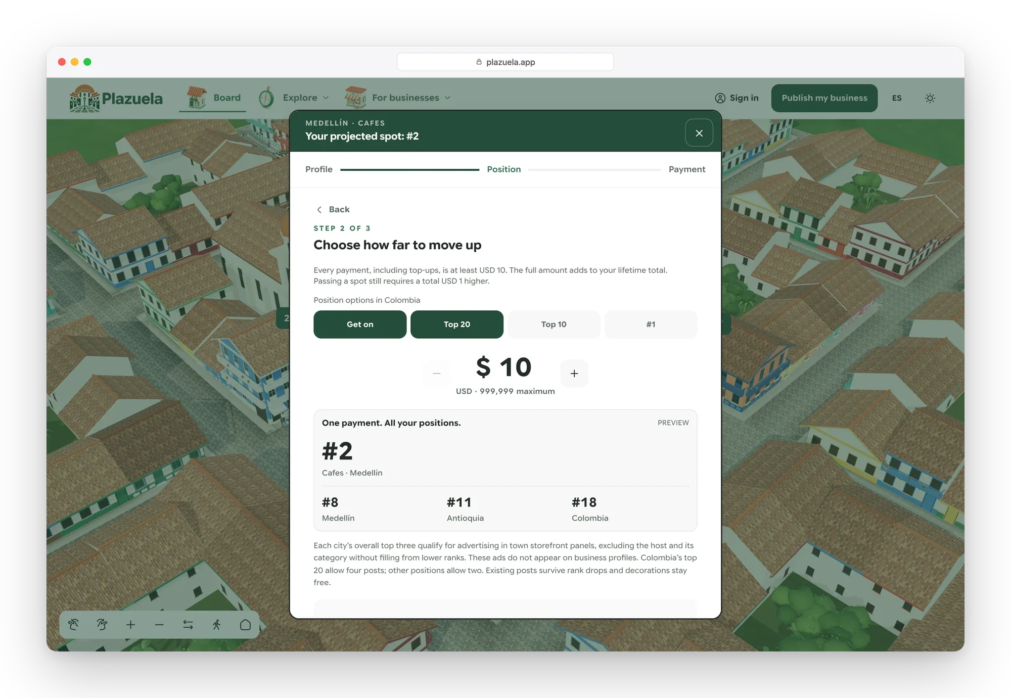 Publish dialog, position step: quick options, the amount in USD and the projected rank by category, city, department and country
