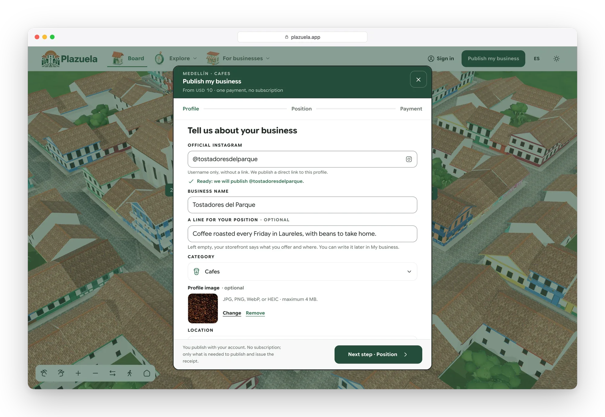 Publish dialog, profile step, filled in for a sample café with its Instagram handle, name, one-line description, category and photo