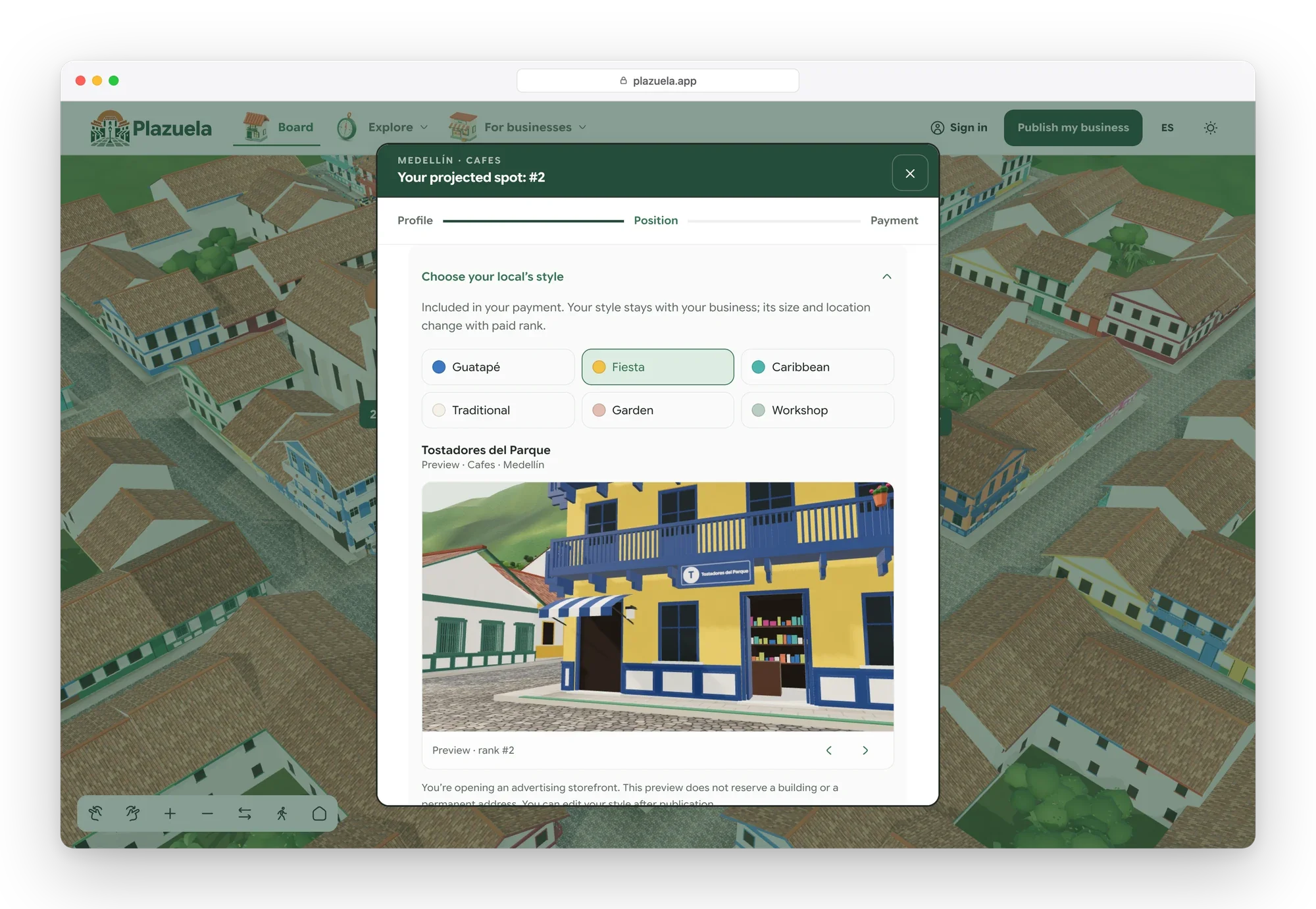 Publish dialog with six storefront styles and a 3D preview of the chosen facade